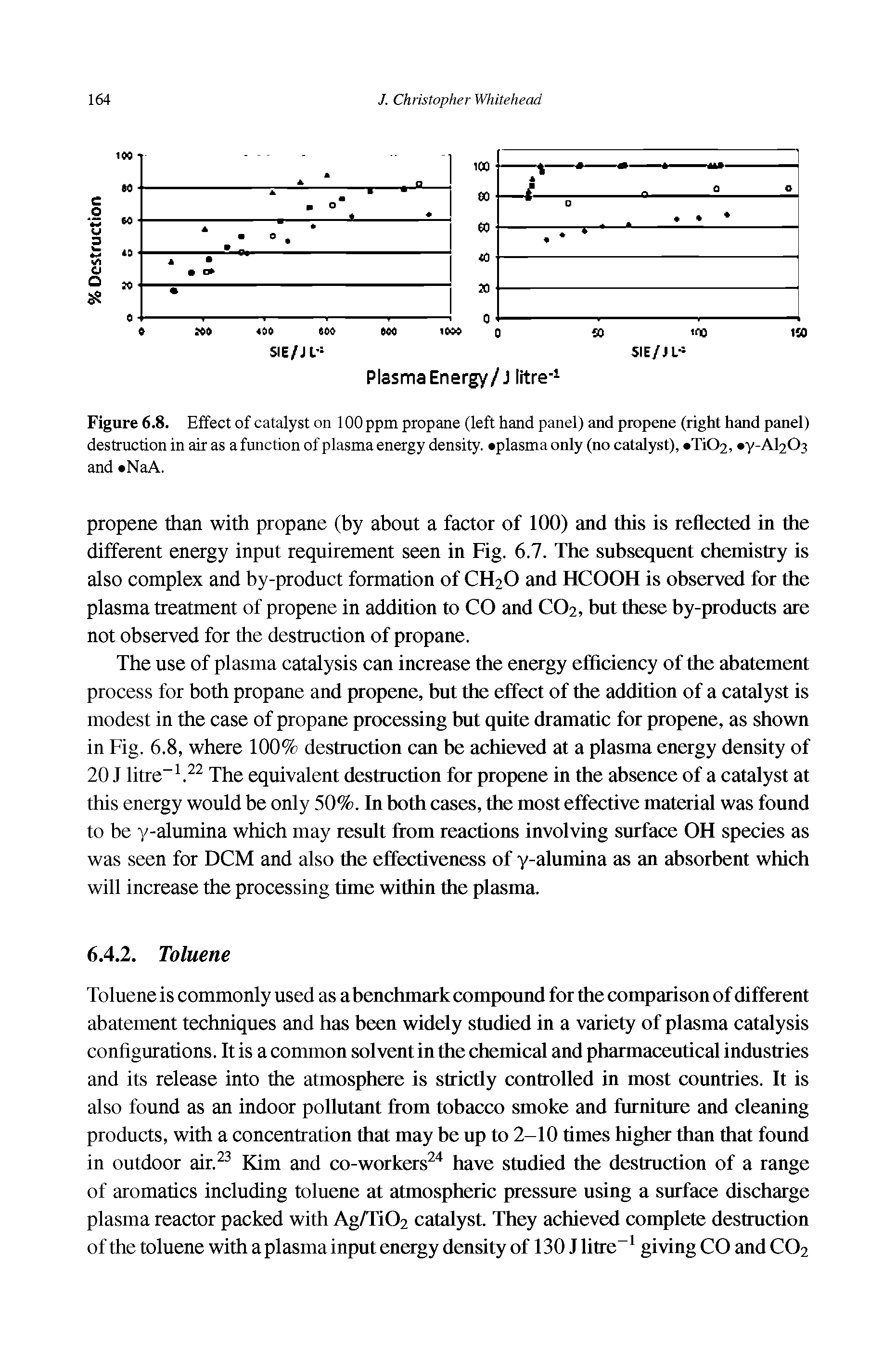 Figure 6.8. Effect of catalyst on 100 ppm propane (left hand panel) and propene (right hand panel) destruction in air as a function of plasma energy density, plasma only (no catalyst), Ti02, y-Al203 and NaA.