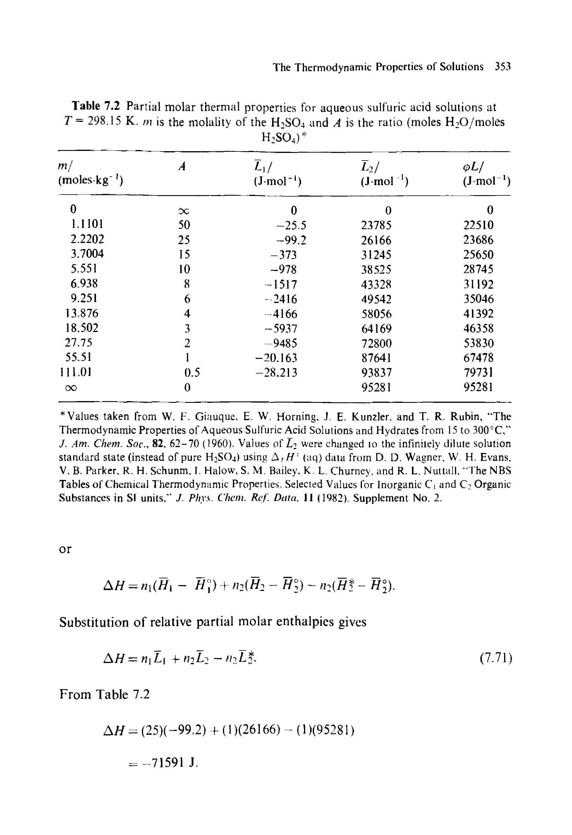 Table 7.2 Partial molar thermal properties for aqueous sulfuric acid solutions at T = 298.15 K. m is the molality of the H1SO4 and A is the ratio (moles FFO/moles...