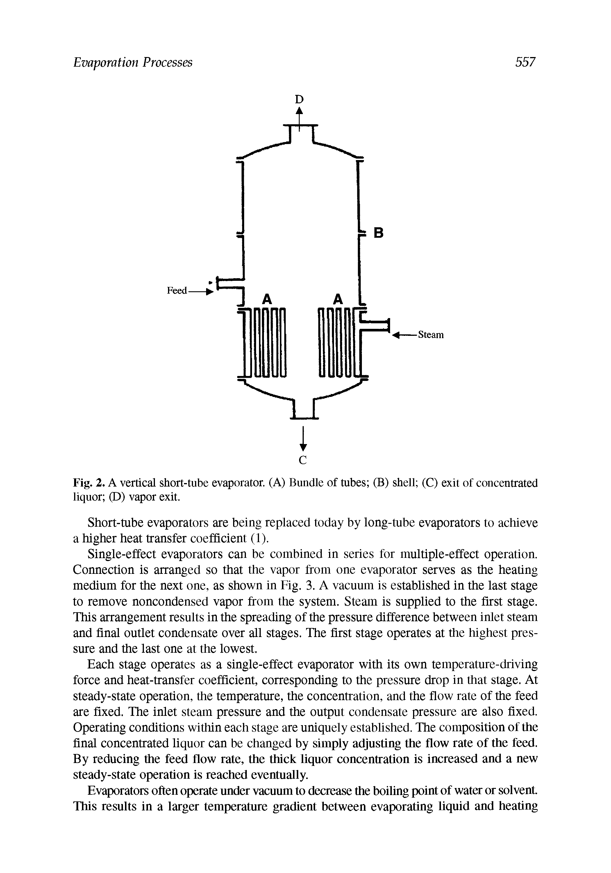 Fig. 2. A vertical short-tube evaporator. (A) Bundle of tubes (B) shell (C) exit of concentrated liquor (D) vapor exit.