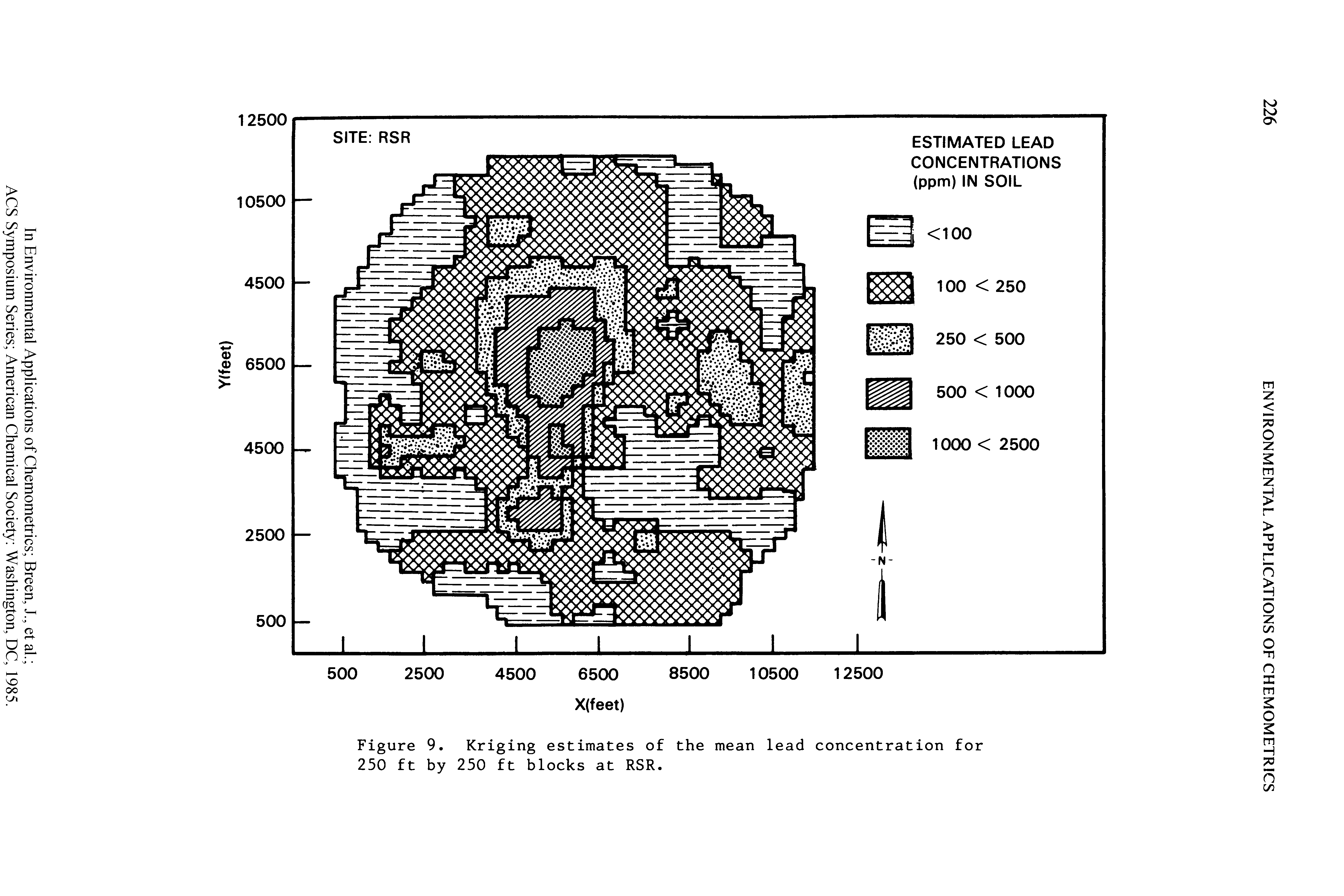 Figure 9. Kriging estimates of the mean lead concentration for 250 ft by 250 ft blocks at RSR.