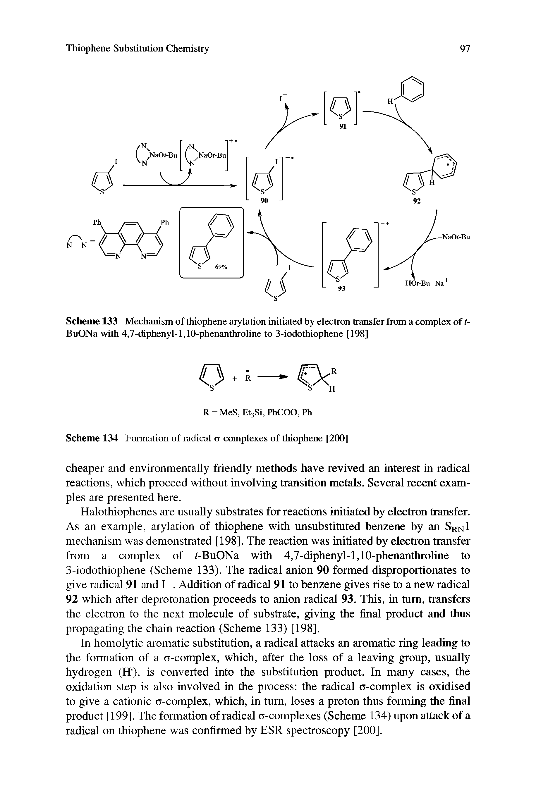 Scheme 133 Meehanism of thiophene arylation initiated by electron transfer frran a complex of t-BuONa with 4,7-diphenyl-1,10-phenanthroline to 3-iodothiophene [198]...