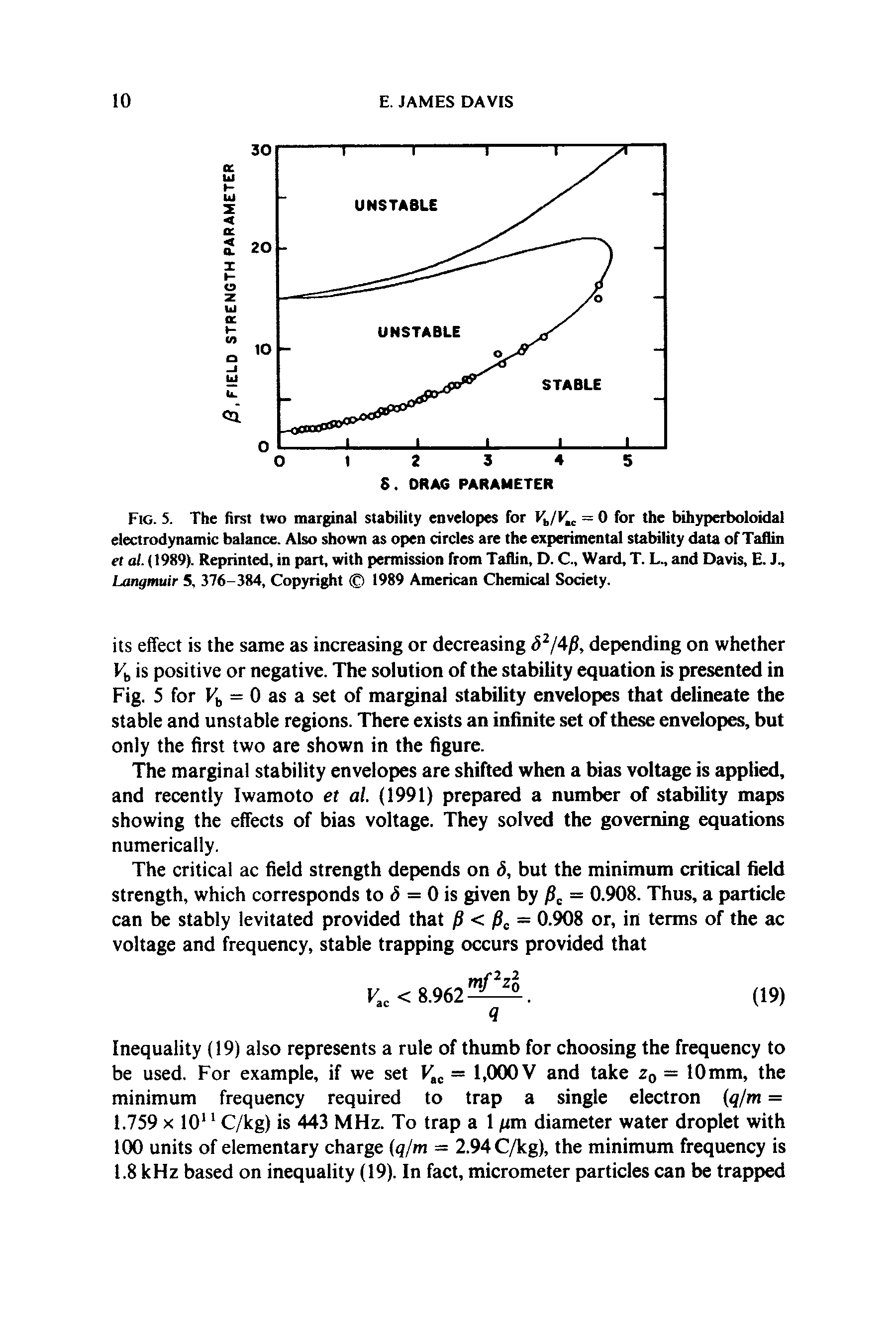 Fig. 5. The first two marginal stability envelopes for VJV = 0 for the bihyperboloidal electrodynamic balance. Also shown as open circles are the experimental stability data of Taflin et a/. (1989). Reprinted, in part, with permission from Taflin, D. C, Ward, T. L., and Davis, E. J., Langmuir 5, 376-384, Copyright 1989 American Chemical Society.