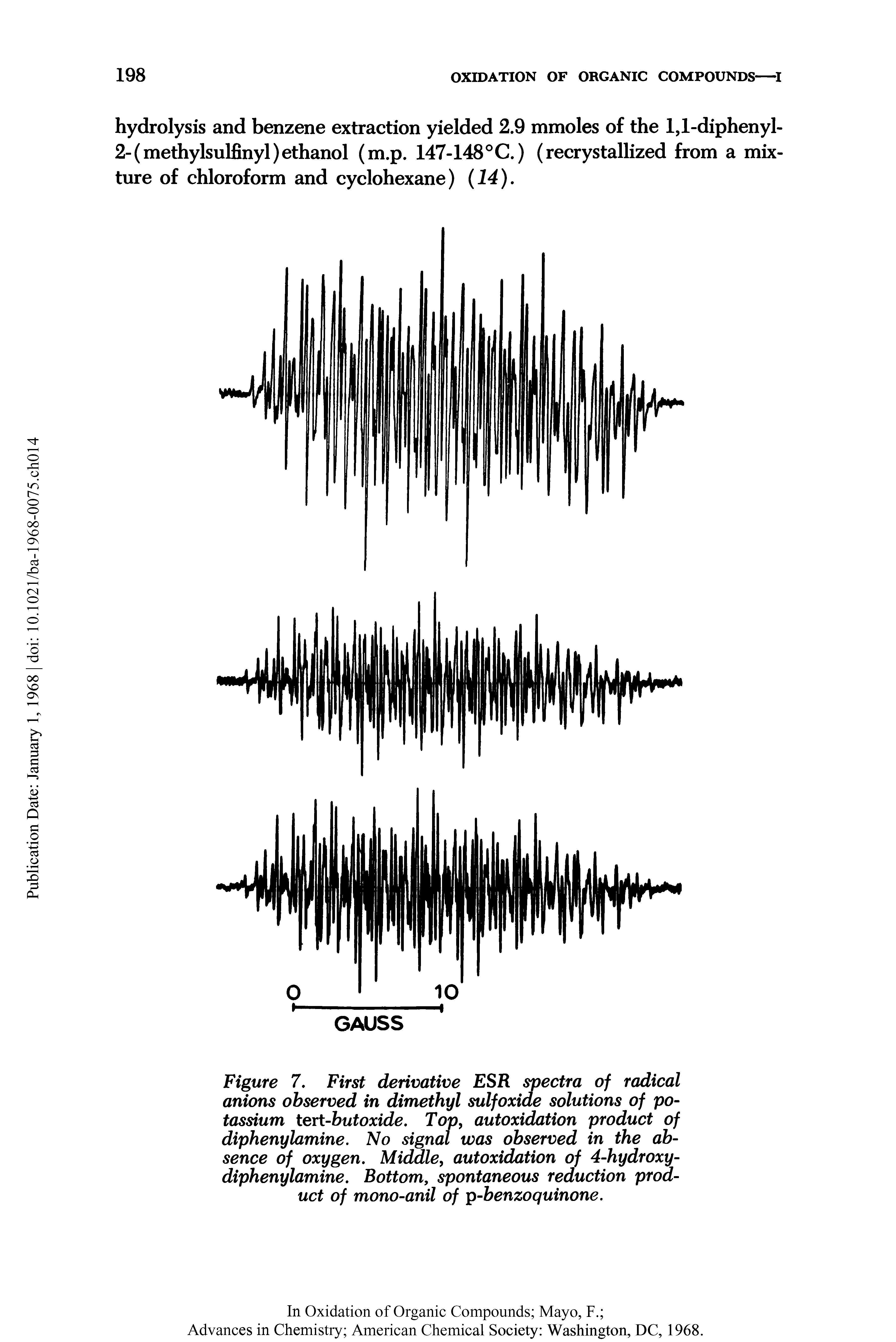 Figure 7. First derivative ESR spectra of radical anions observed in dimethyl sulfoxide solutions of potassium tert-butoxide. Top, autoxidation product of diphenylamine. No signal was observed in the absence of oxygen. Middle, autoxidation of 4-hydroxy-diphenylamine. Bottom, spontaneous reduction product of mono-anil of p-benzoquinone.