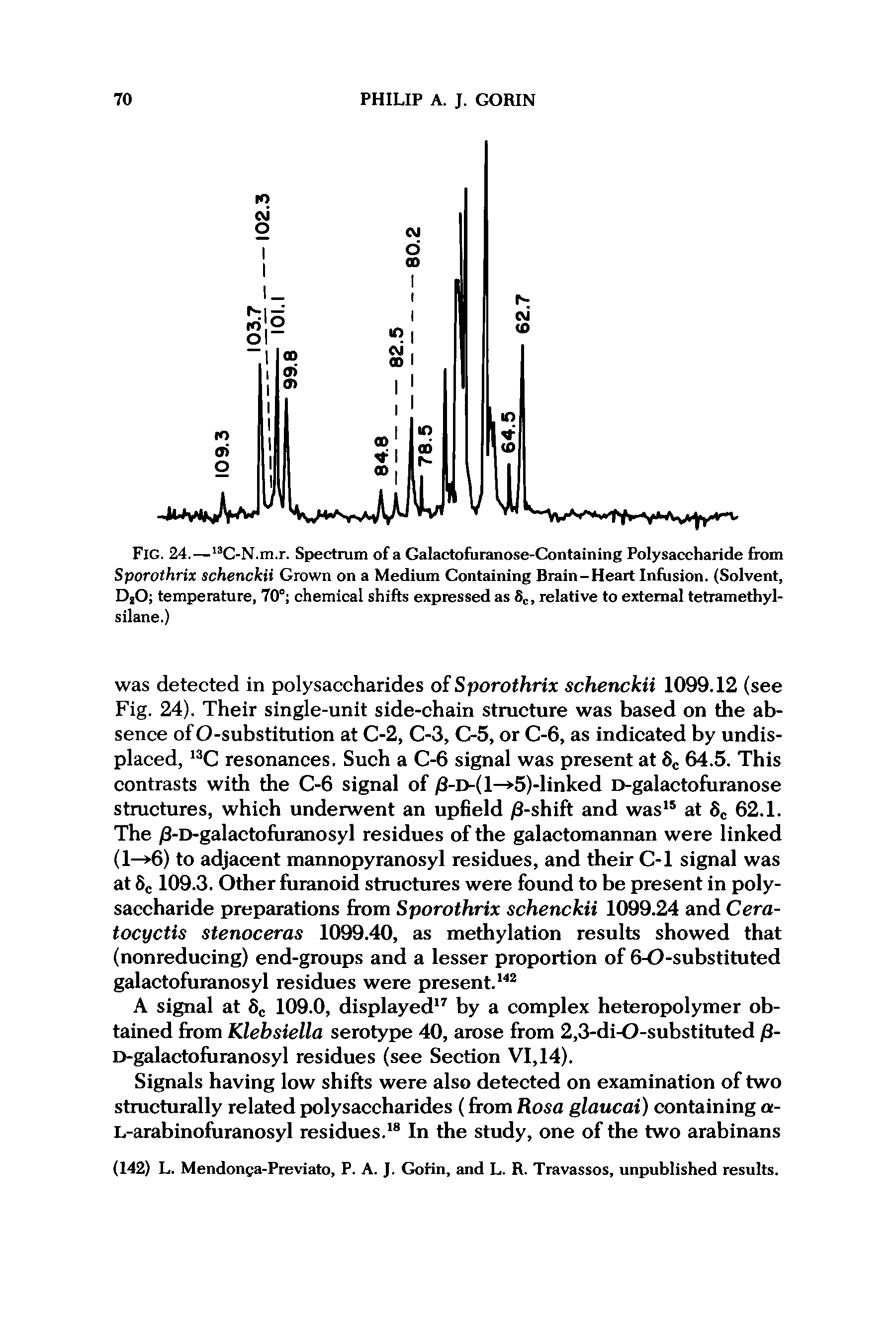 Fig. 24.—13C-N.m.r. Spectrum of a Galactofuranose-Containing Polysaccharide from Sporothrix schenckii Grown on a Medium Containing Brain-Heart Infusion. (Solvent, DsO temperature, 70° chemical shifts expressed as 8C, relative to external tetramethyl-silane.)...