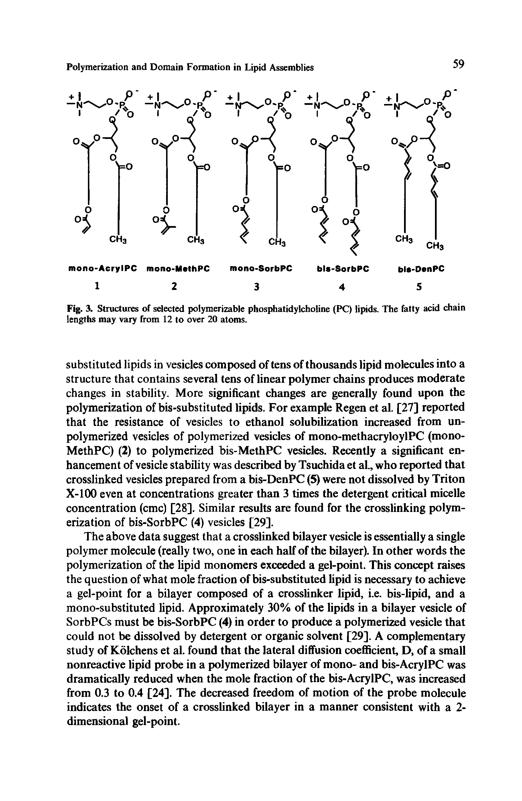 Fig. 3. Structures of selected polymerizable phosphatidylcholine (PC) lipids. The fatty acid chain lengths may vary from 12 to over 20 atoms.