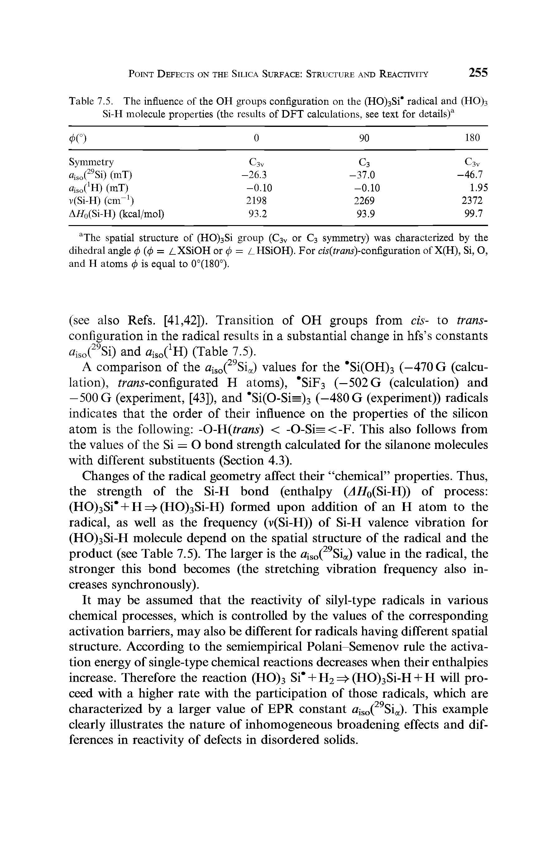 Table 7.5. The influence of the OH groups configuration on the (HO)3Si radical and (HO)3 Si-H molecule properties (the results of DFT calculations, see text for details)3...