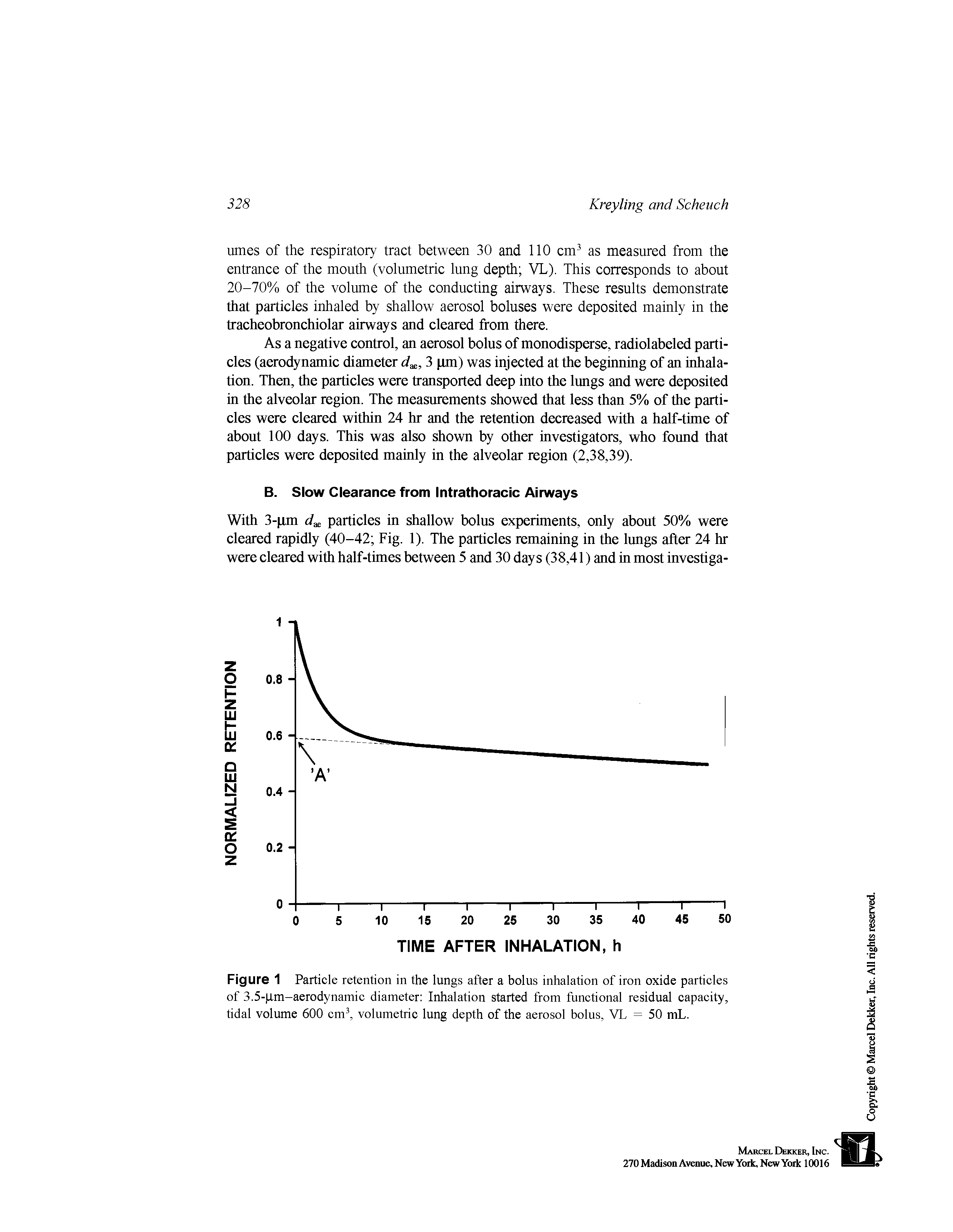 Figure 1 Particle retention in the lungs after a bolus inhalation of iron oxide particles of 3.5-pm-aerodynamic diameter Inhalation started from functional residual capacity, tidal volume 600 cm, volumetric lung depth of the aerosol bolus, VL = 50 mL.