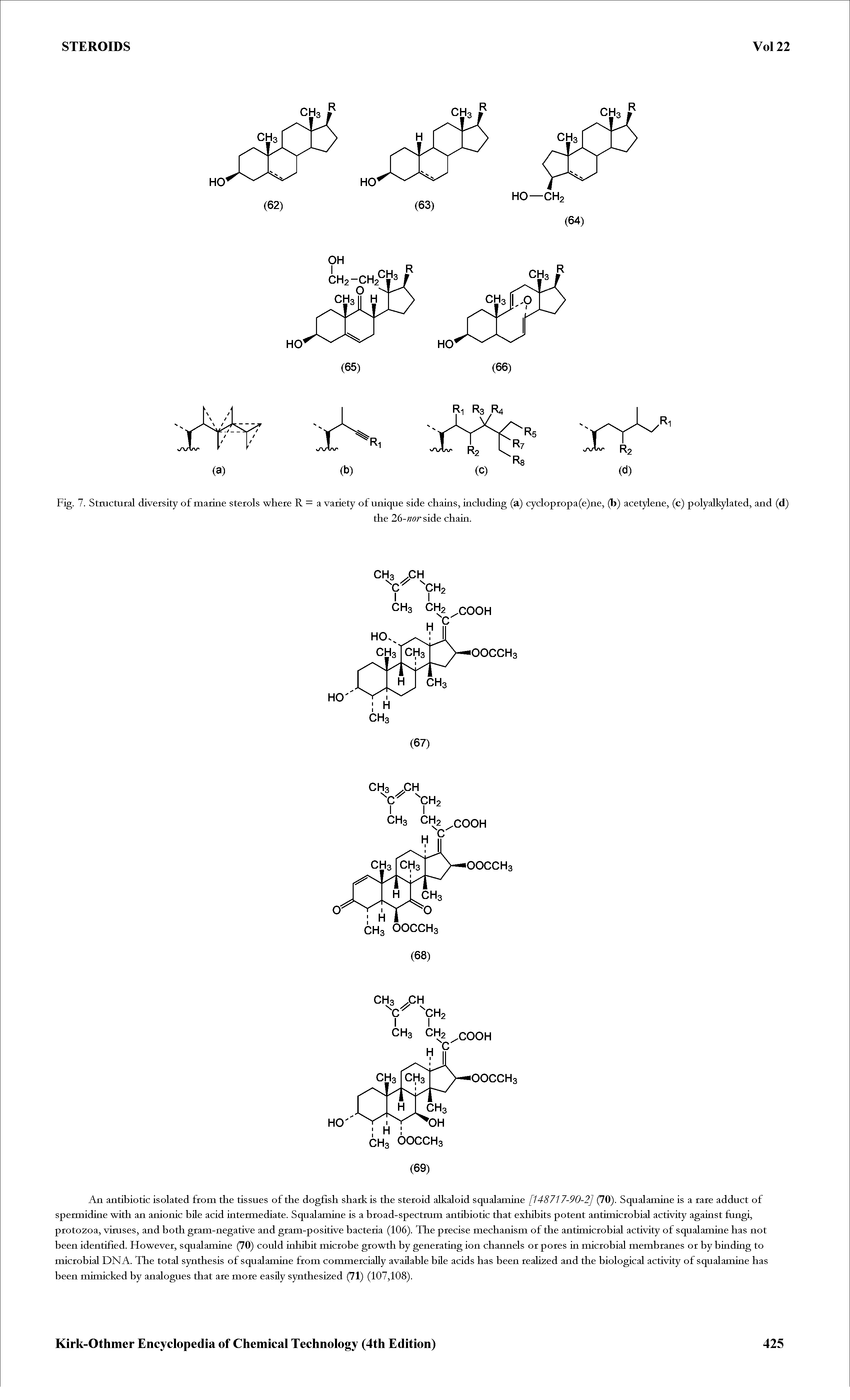 Fig. 7. Structural diversity of marine sterols where R — a variety of unique side chains, including (a) cyclopropa(e)ne, (b) acetylene, (c) polyalhylated, and (d)...