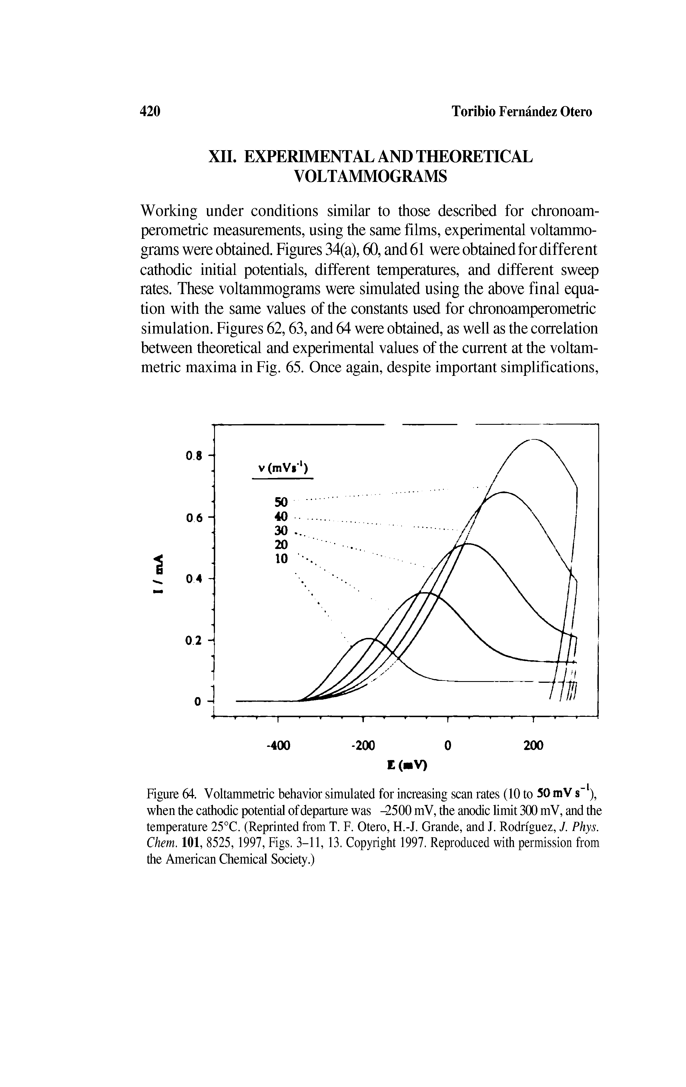 Figure 64. Voltammetric behavior simulated for increasing scan rates (10 to 50 mV s-1), when the cathodic potential of departure was -2500 mV, the anodic limit 300 mV, and the temperature 25°C. (Reprinted from T. F. Otero, H.-J. Grande, and J. Rodriguez, J. Phys. Chem. 101, 8525,1997, Figs. 3-11, 13. Copyright 1997. Reproduced with permission from the American Chemical Society.)...