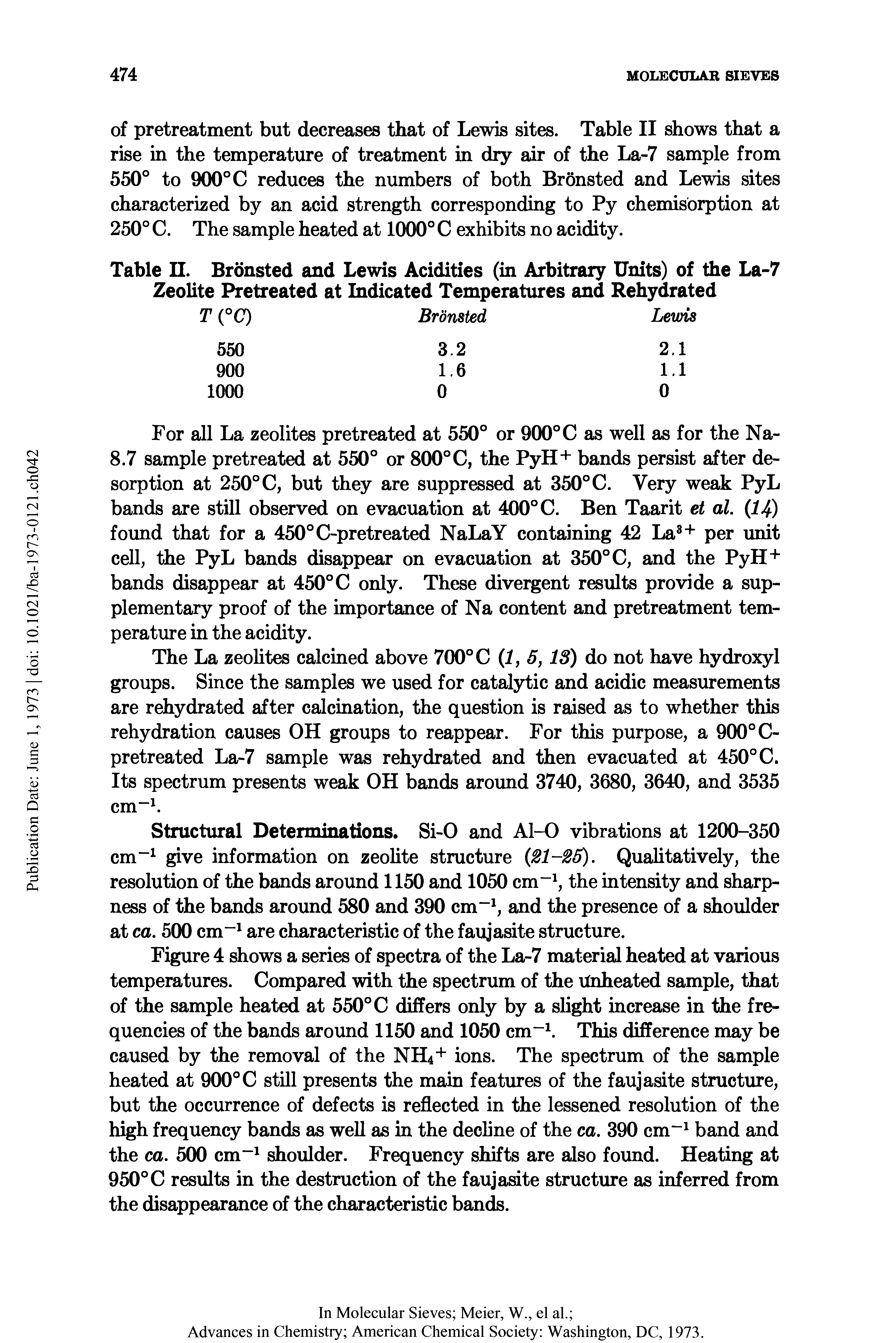 Table II. Bronsted and Lewis Acidities (in Arbitrary Units) of the La-7 Zeolite Pretreated at Indicated Temperatures and Rehydrated...