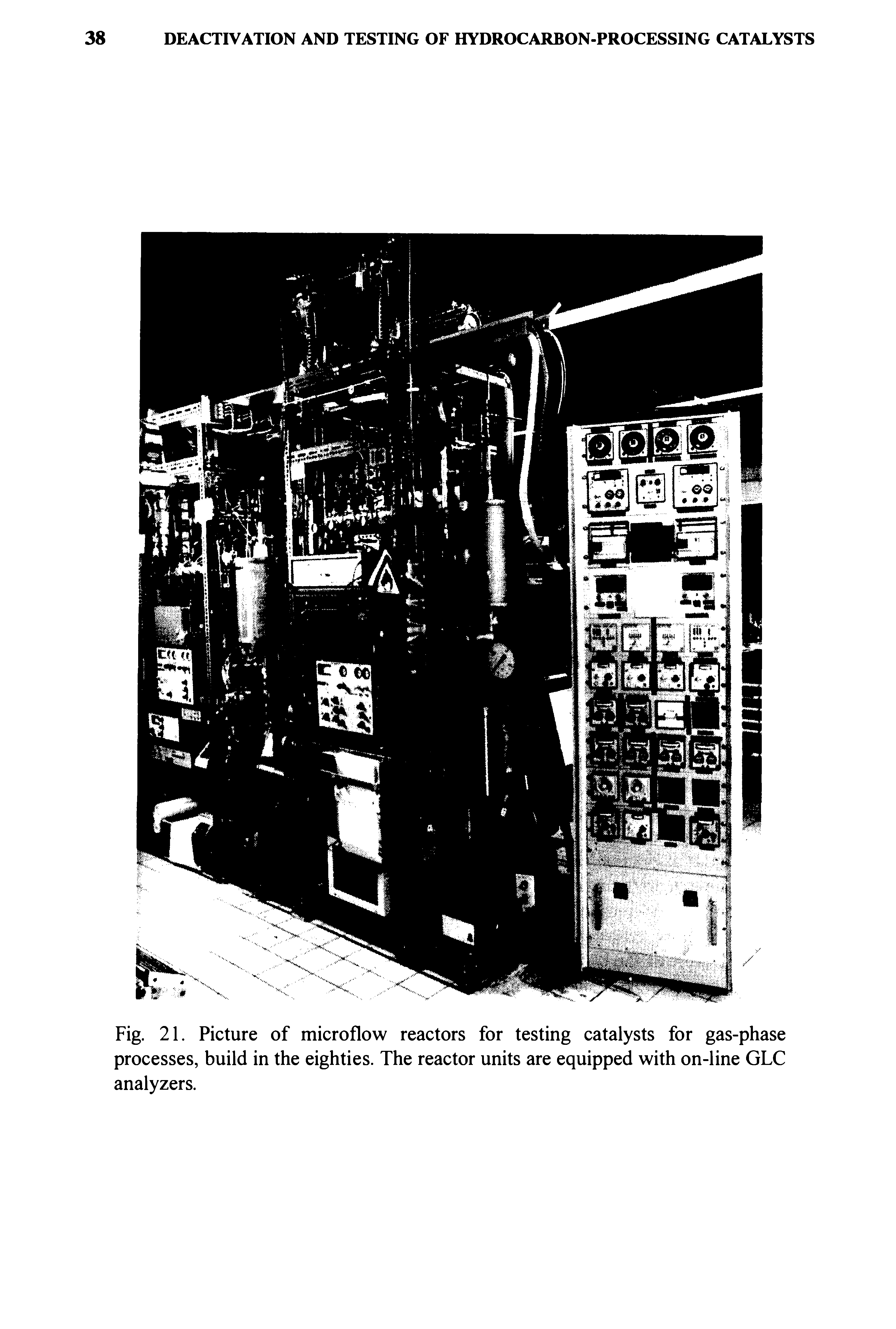 Fig. 21. Picture of microflow reactors for testing catalysts for gas-phase processes, build in the eighties. The reactor units are equipped with on-line GLC analyzers.