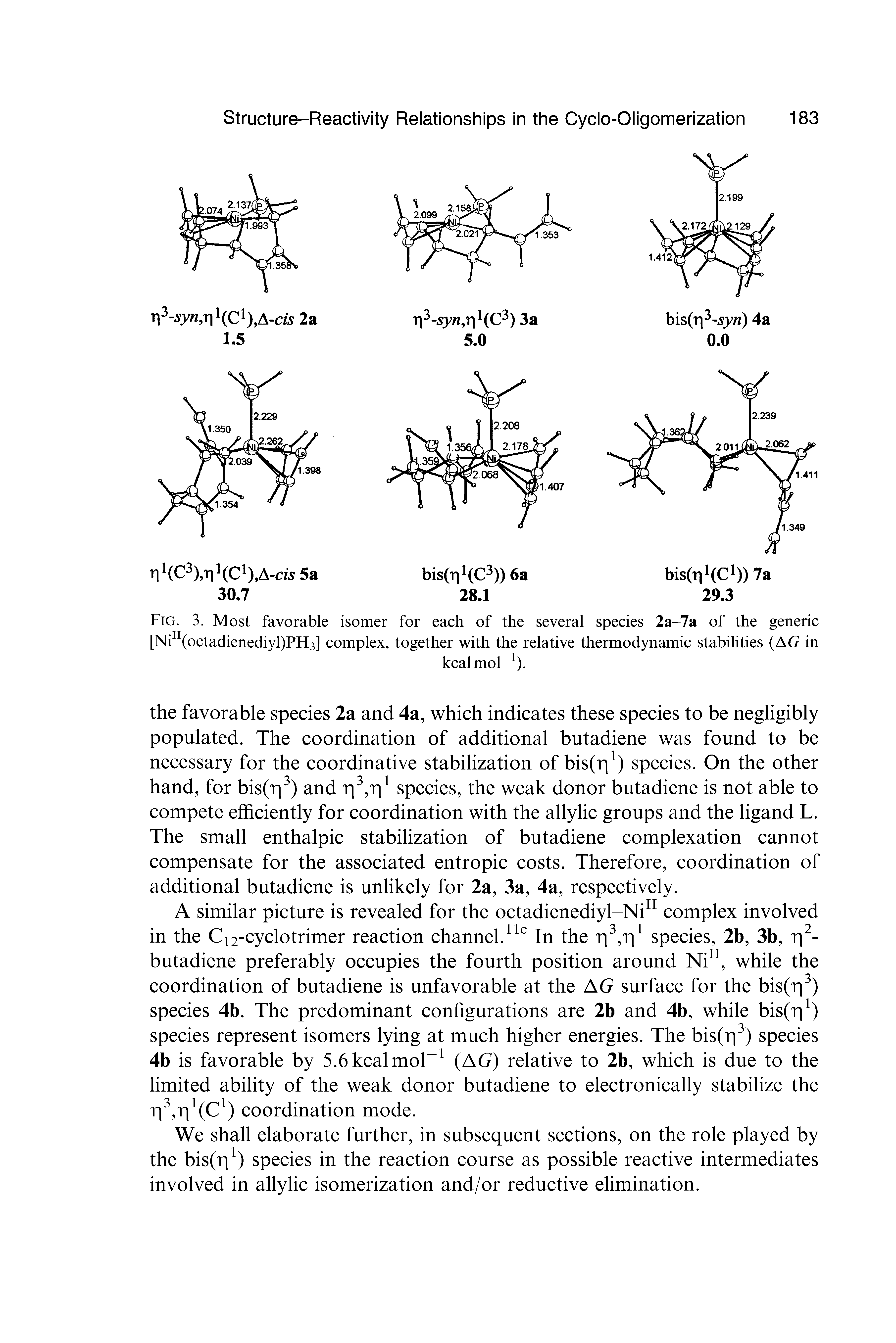 Fig. 3. Most favorable isomer for each of the several species 2a-7a of the generic [Nin(octadienediyl)PH3] complex, together with the relative thermodynamic stabilities (AG in...