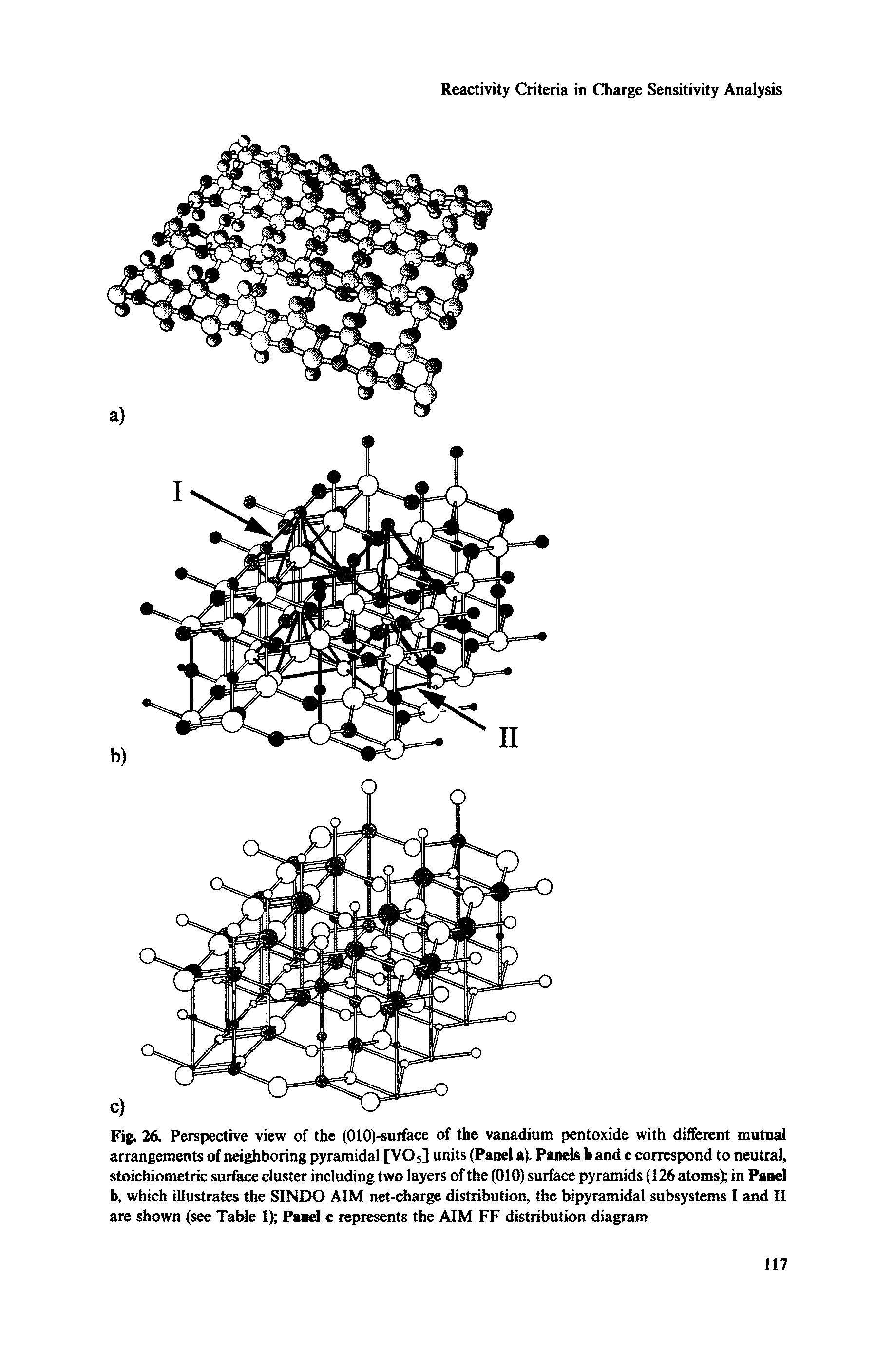 Fig. 26. Perspective view of the (010)-surface of the vanadium pentoxide with different mutual arrangements of neighboring pyramidal [VOs] units (Panel a). Panels b and c correspond to neutral, stoichiometric surface cluster including two layers of the (010) surface pyramids (126 atoms) in Panel b, which illustrates the SINDO AIM net-charge distribution, the bipyramidal subsystems I and II are shown (see Table 1) Panel c represents the AIM FF distribution diagram...