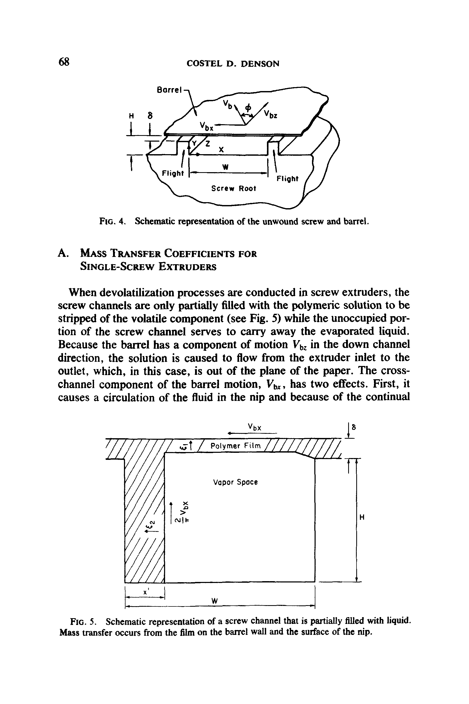 Fig. 5. Schematic representation of a screw channel that is partially filled with liquid. Mass transfer occurs from the film on the barrel wall and the surface of the nip.