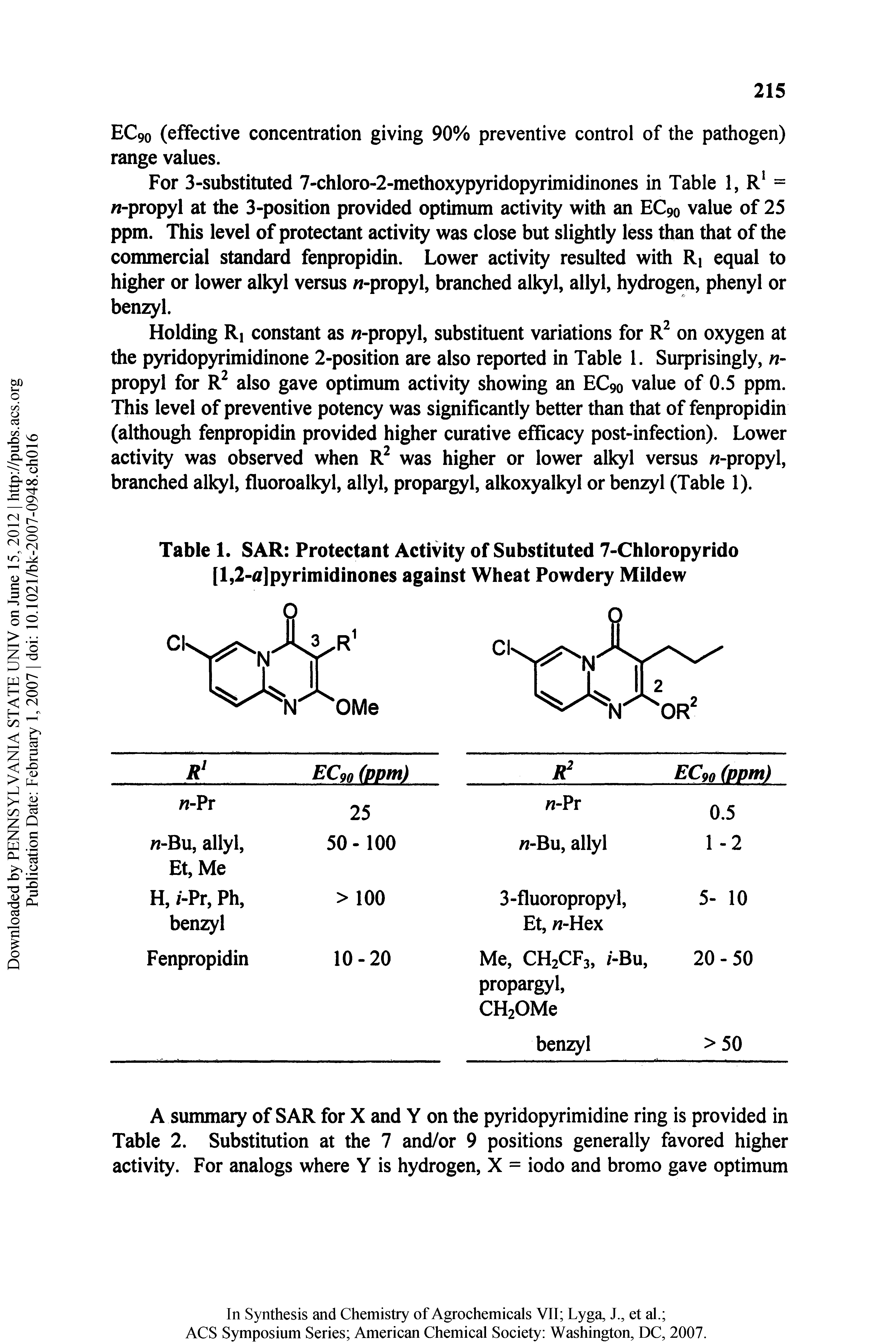 Table 1. SAR Protectant Activity of Substituted 7-Chioropyrido [l,2-a]pyrimidinones against Wheat Powdery Mildew...