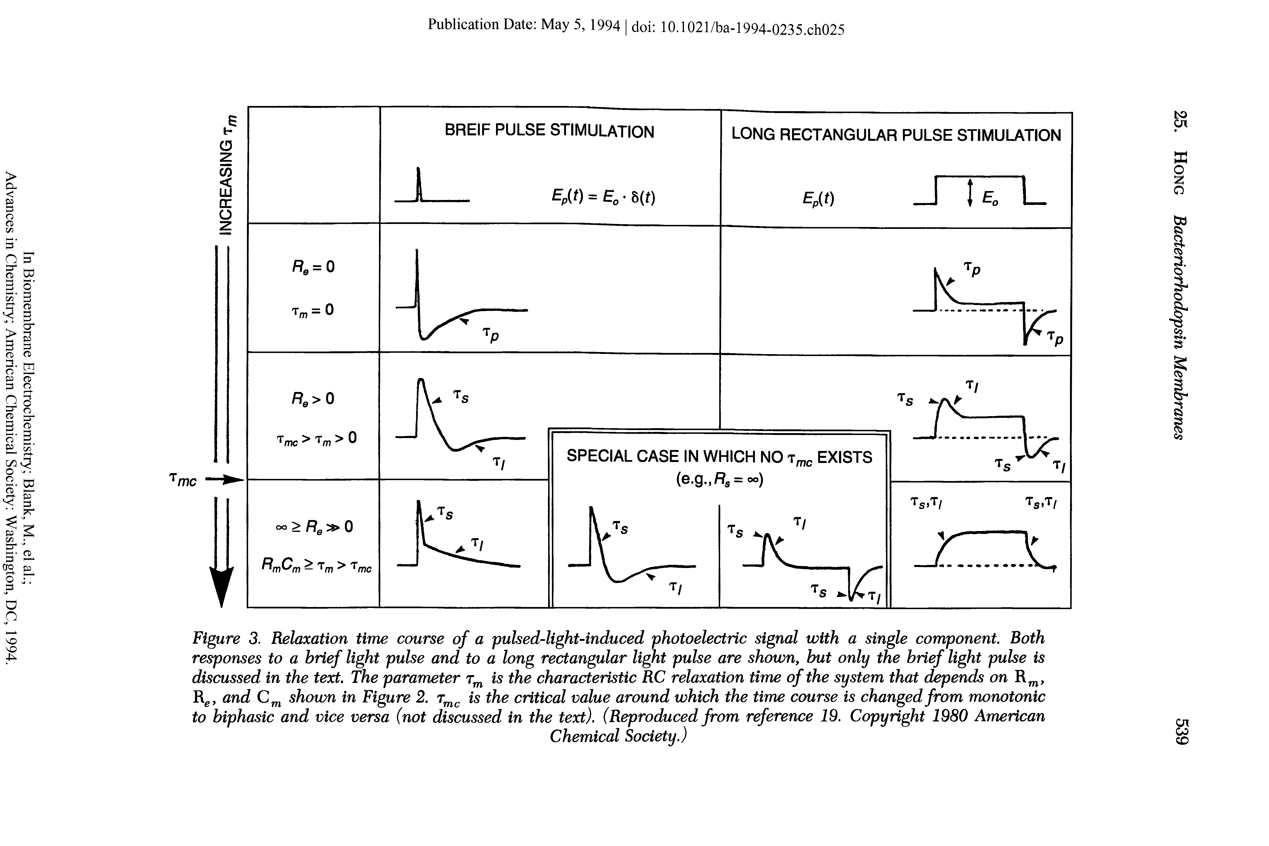 Figure 3. Relaxation time course of a pulsed-light-induced photoelectric signal with a single component. Both responses to a brief light pulse and to a long rectangular light pulse are shown, but only the brief light pulse is discussed in the text. The parameter rm is the characteristic RC relaxation time of the system that depends on Rm,...