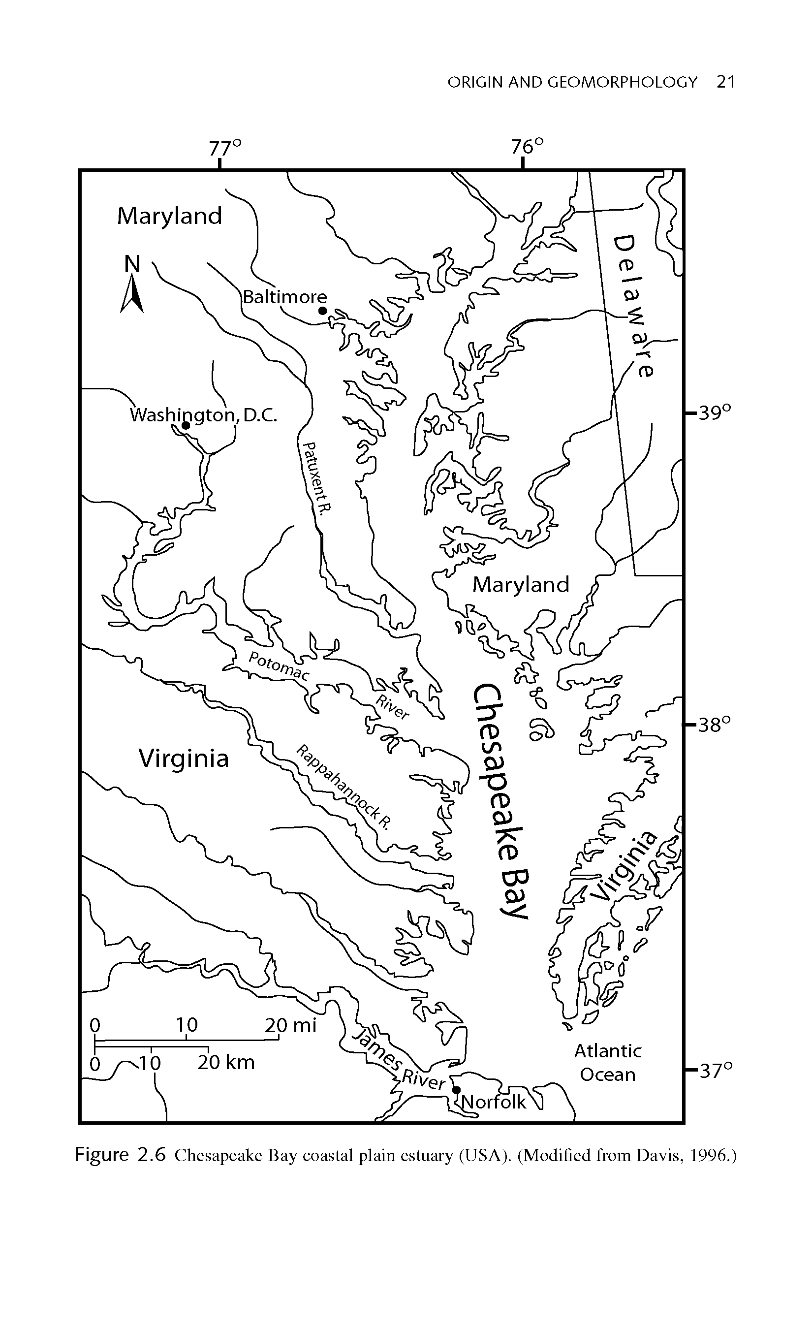 Figure 2.6 Chesapeake Bay coastal plain estuary (USA). (Modified from Davis, 1996.)...