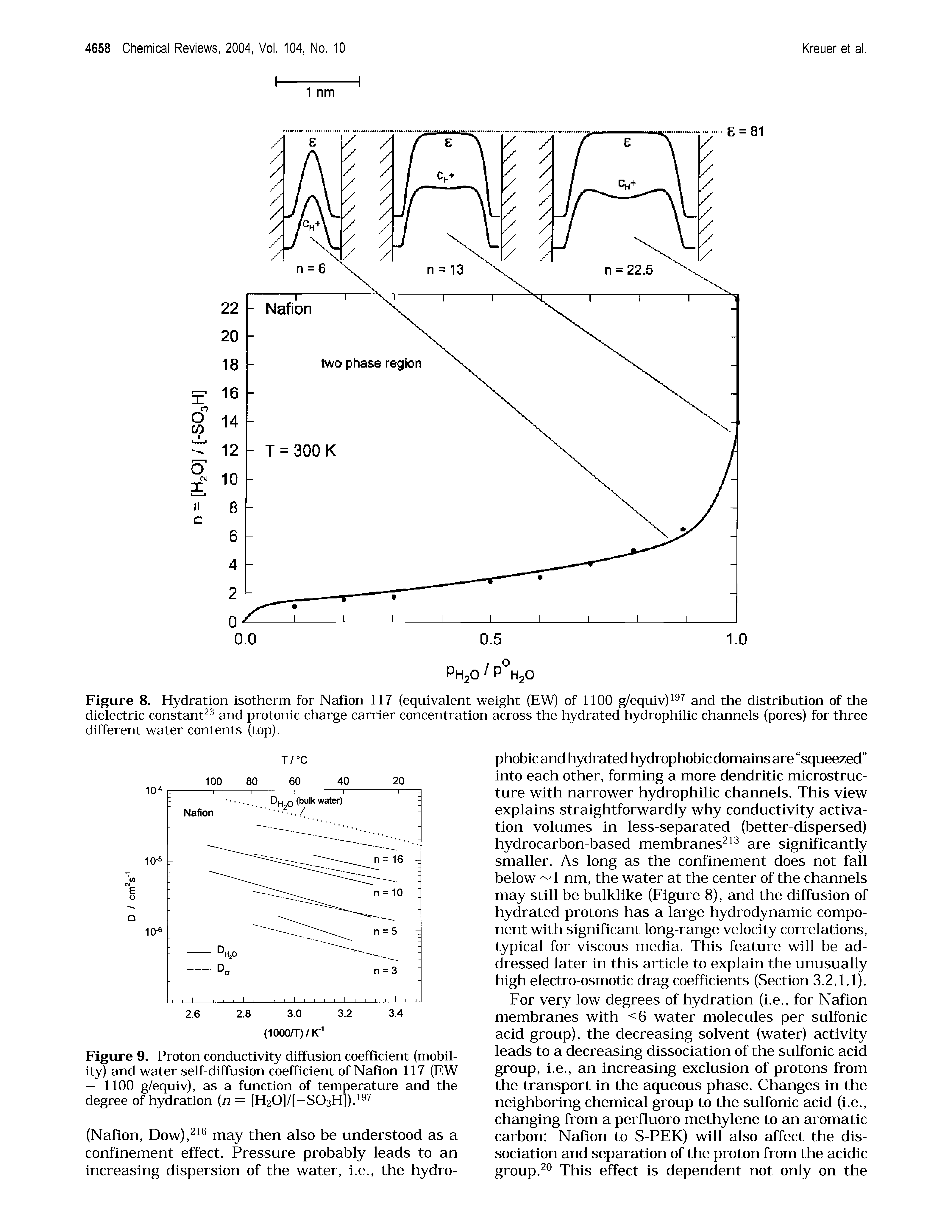 Figure 8. Hydration isotherm for Nation 117 (equivalent weight (EW) of 1100 g/equiv) and the distribution of the dielectric constant and protonic charge carrier concentration across the hydrated hydrophilic channels (pores) for three different water contents (top).