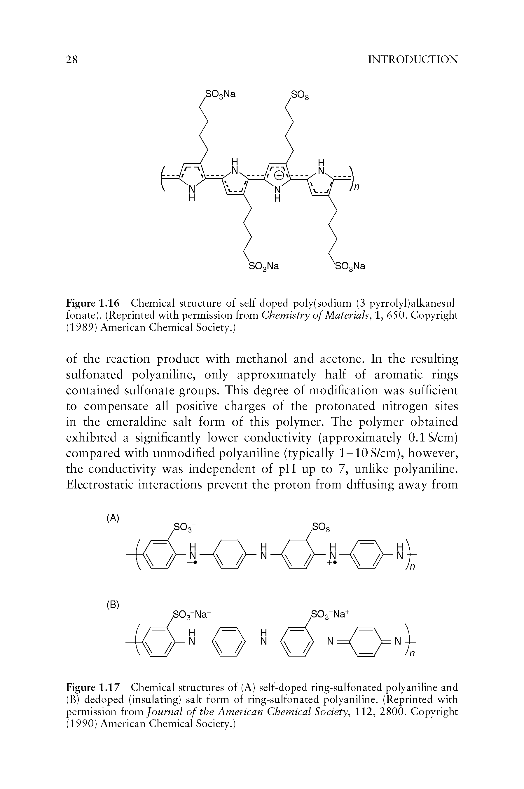 Figure 1.17 Chemical structures of (A) self-doped ring-sulfonated poly aniline and (B) dedoped (insulating) salt form of ring-sulfonated polyaniline. (Reprinted with permission from Journal of the American Chemical Society, 112, 2800. Copyright (1990) American Chemical Society.)...