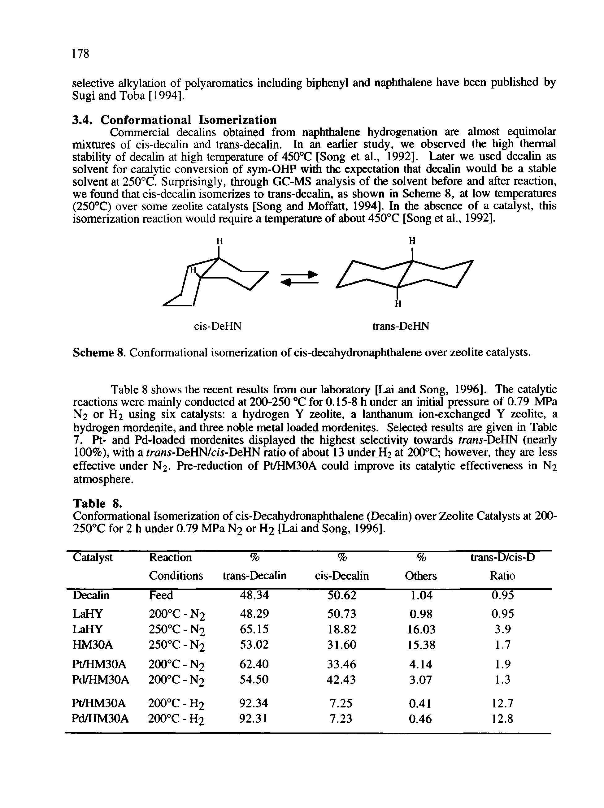Table 8 shows the recent results from our laboratory [Lai and Song, 1996]. The catalytic reactions were mainly conducted at 200-250 °C for 0.15-8 h under an initial pressure of 0.79 h a N2 or H2 using six catalysts a hydrogen Y zeolite, a lanthanum ion-exchanged Y zeolite, a hydrogen mordenite, and three noble metal loaded mordenites. Selected results are given in Table 7. Pt- and Pd-loaded mordenites displayed the highest selectivity towards /rani-DeHN (nearly 100%), with a Zrani-DeHN/cw-DeHN ratio of about 13 under H2 at 2(X)°C however, they are less effective under N2. Pre-reduction of Pt/HM30A could improve its catalytic effectiveness in N2 atmosphere.