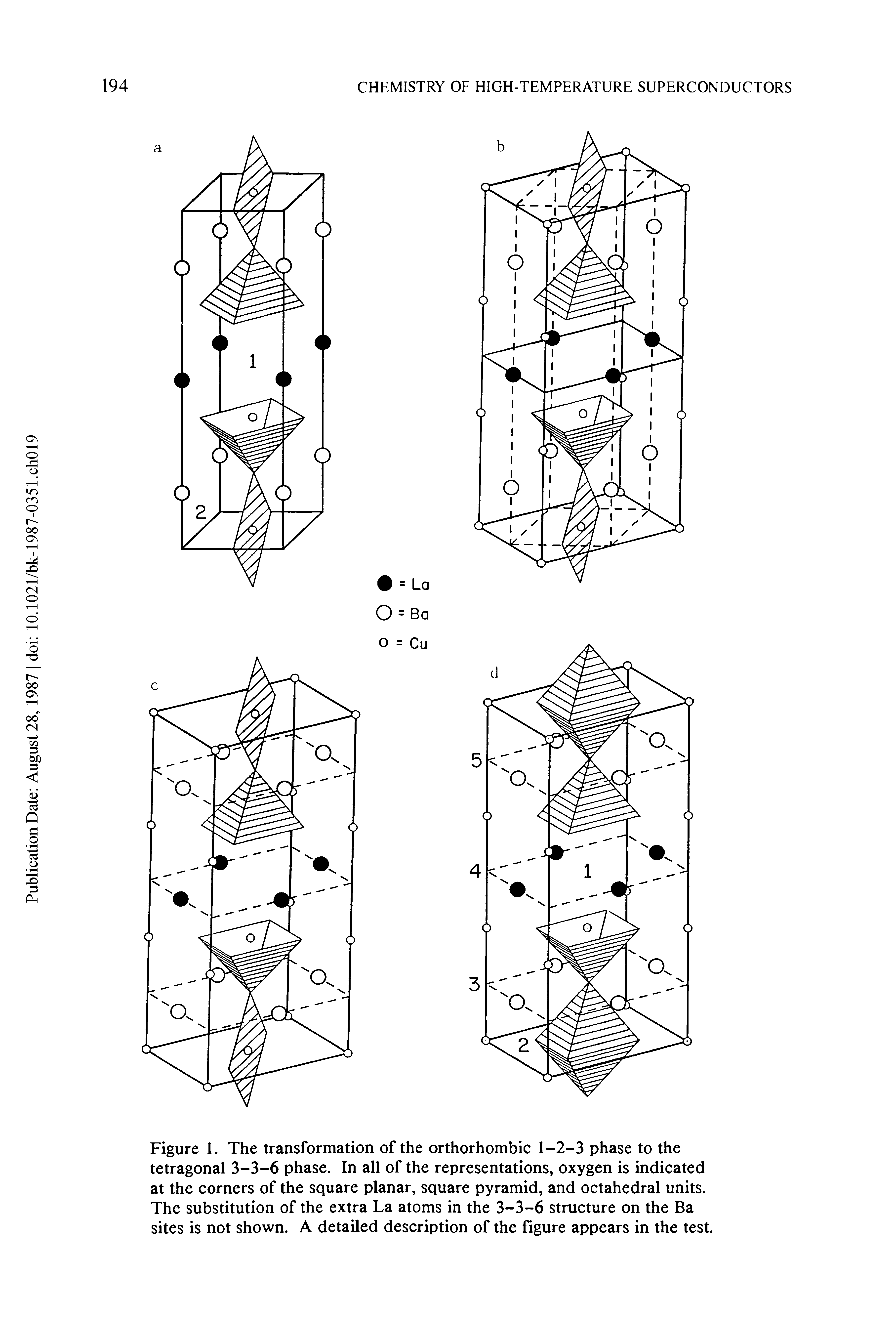 Figure 1. The transformation of the orthorhombic 1-2-3 phase to the tetragonal 3-3-6 phase. In all of the representations, oxygen is indicated at the corners of the square planar, square pyramid, and octahedral units. The substitution of the extra La atoms in the 3-3-6 structure on the Ba sites is not shown. A detailed description of the figure appears in the test.