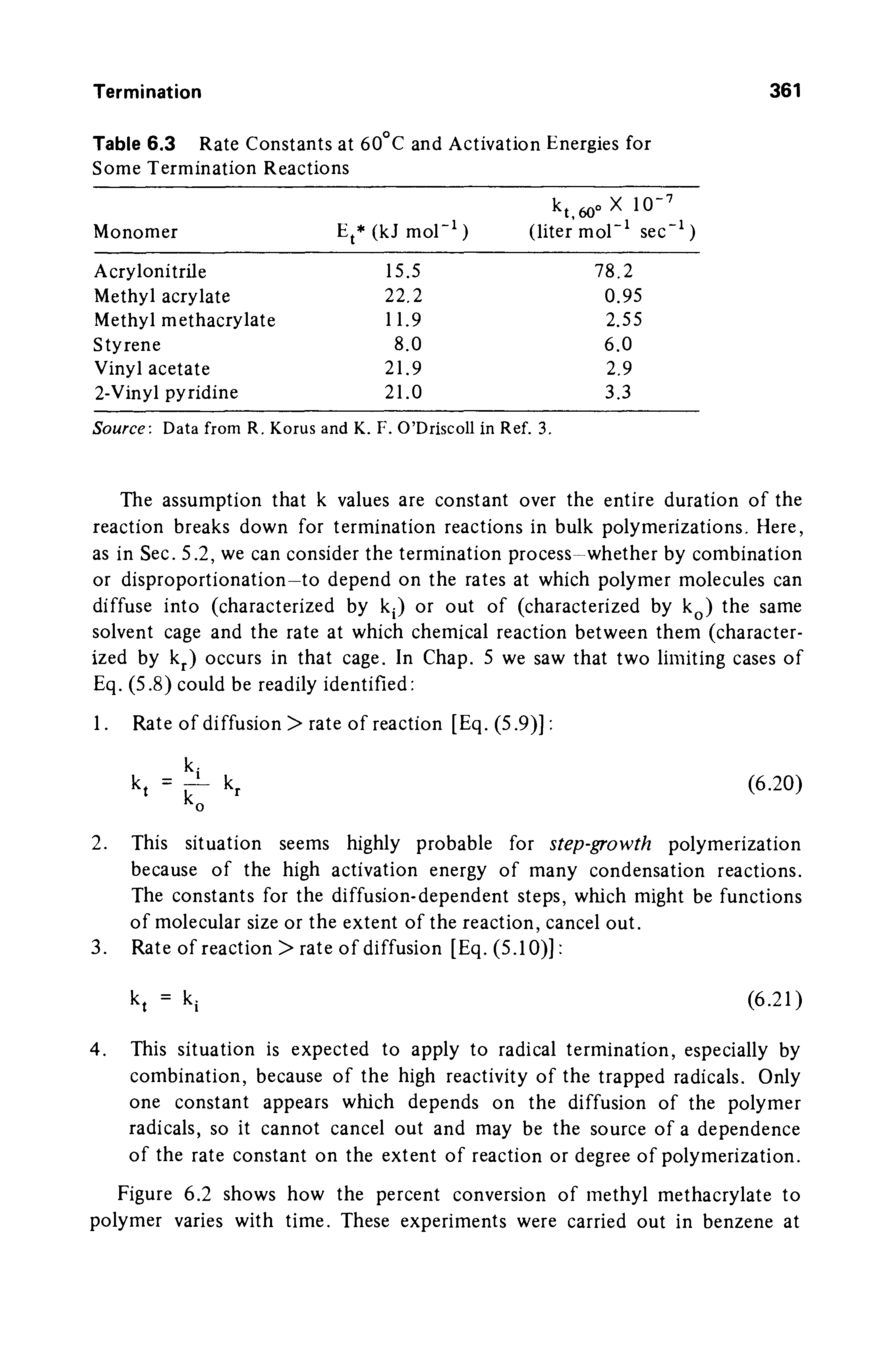 Table 6.3 Rate Constants at 60 C and Activation Energies for Some Termination Reactions...