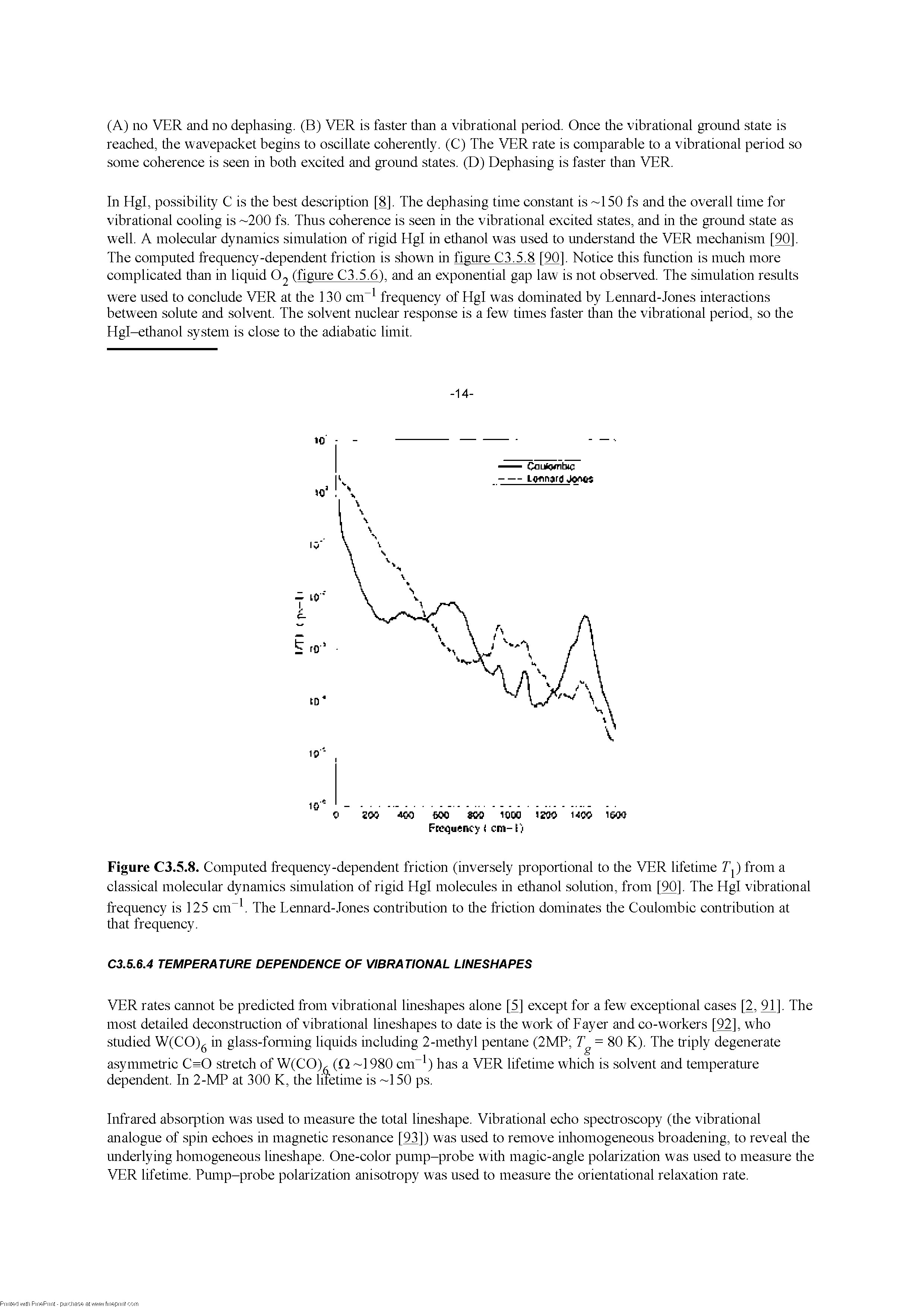 Figure C3.5.8. Computed frequency-dependent friction (inverseiy proportionai to tire VER iifetime T ) from a ciassicai moiecuiar dynamics simuiation of rigid Hgl moiecuies in etiianoi soiution, from [90]. The Hgl vibrationai...