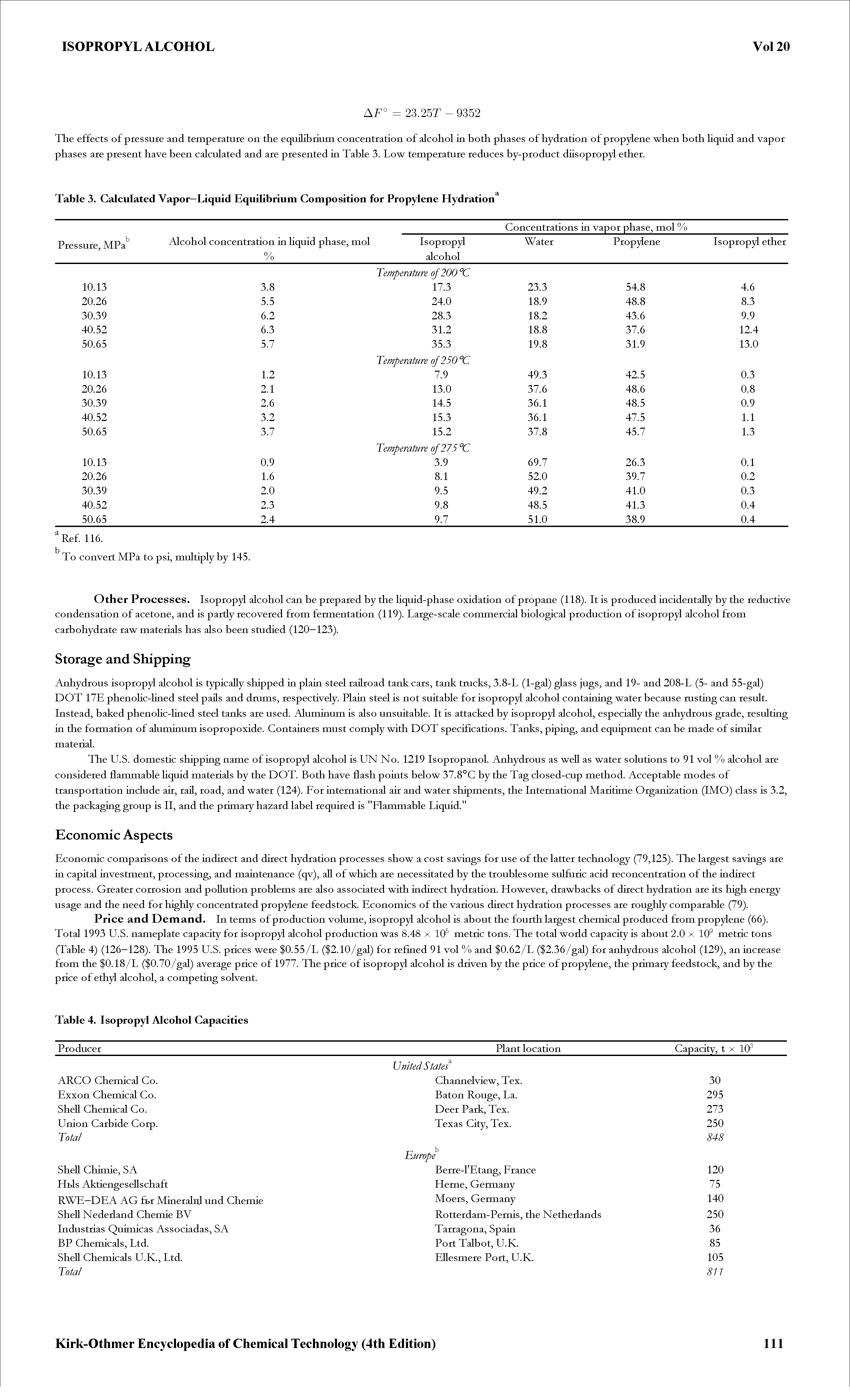 Table 3. Calculated Vapor—Liquid Equilibrium Composition for Propylene Hydration ...