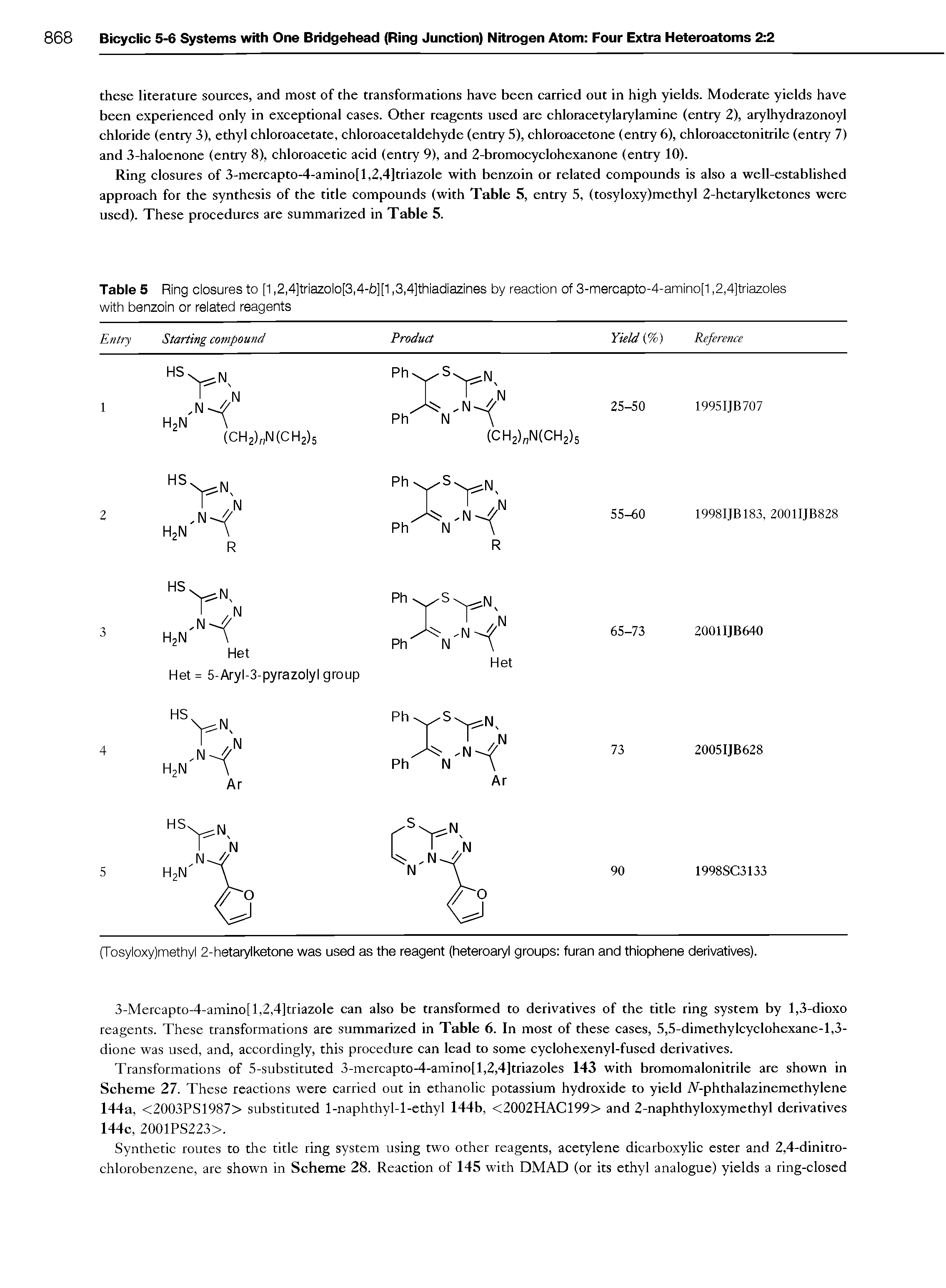Table 5 Ring closures to [1,2,4]triazolo[3,4-b][1,3,4]thiadiazines by reaction of 3-mercapto-4-amino[1,2,4]triazoles with benzoin or related reagents ...