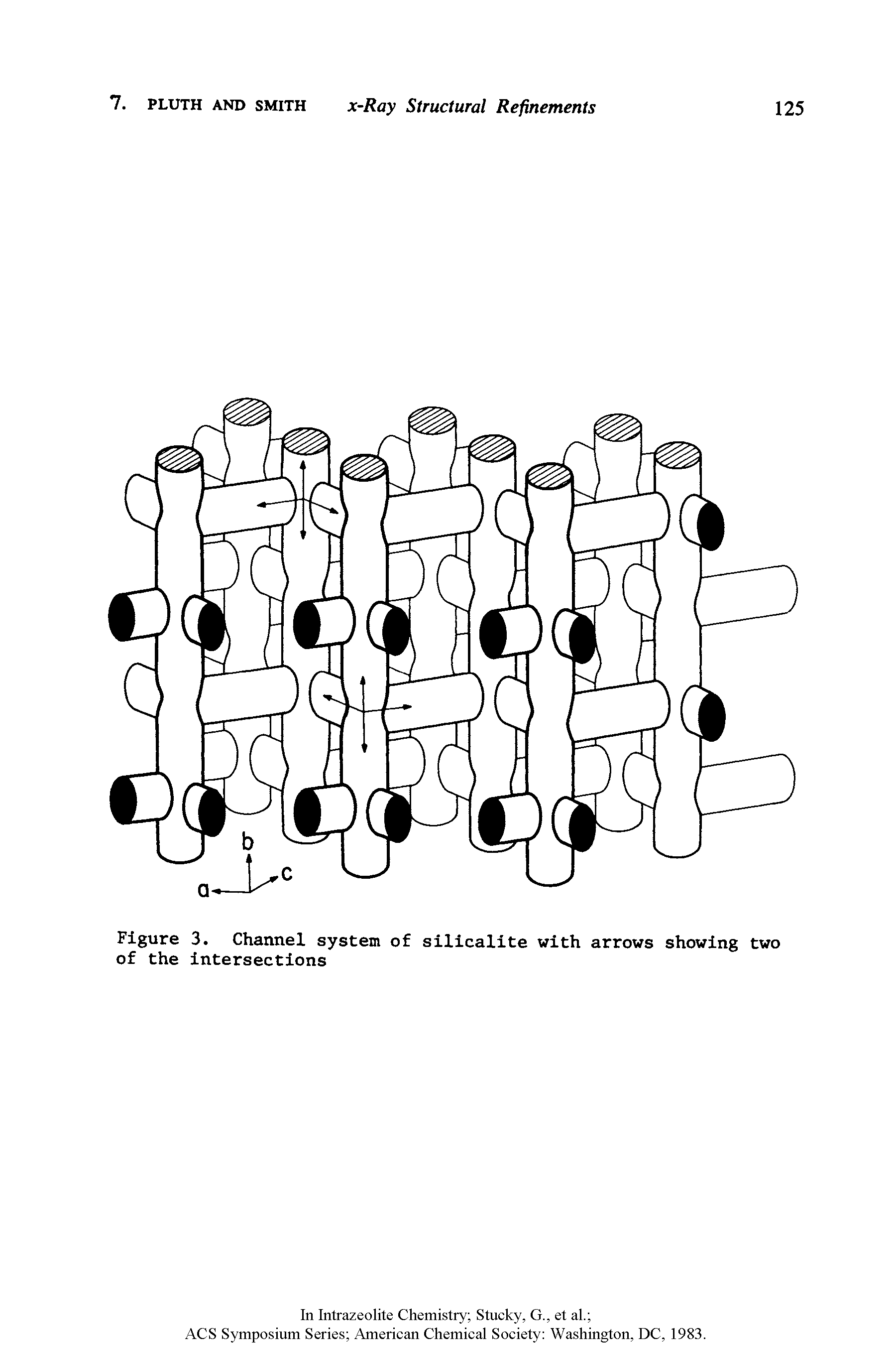 Figure 3. Channel system of silicalite with arrows showing two of the intersections...