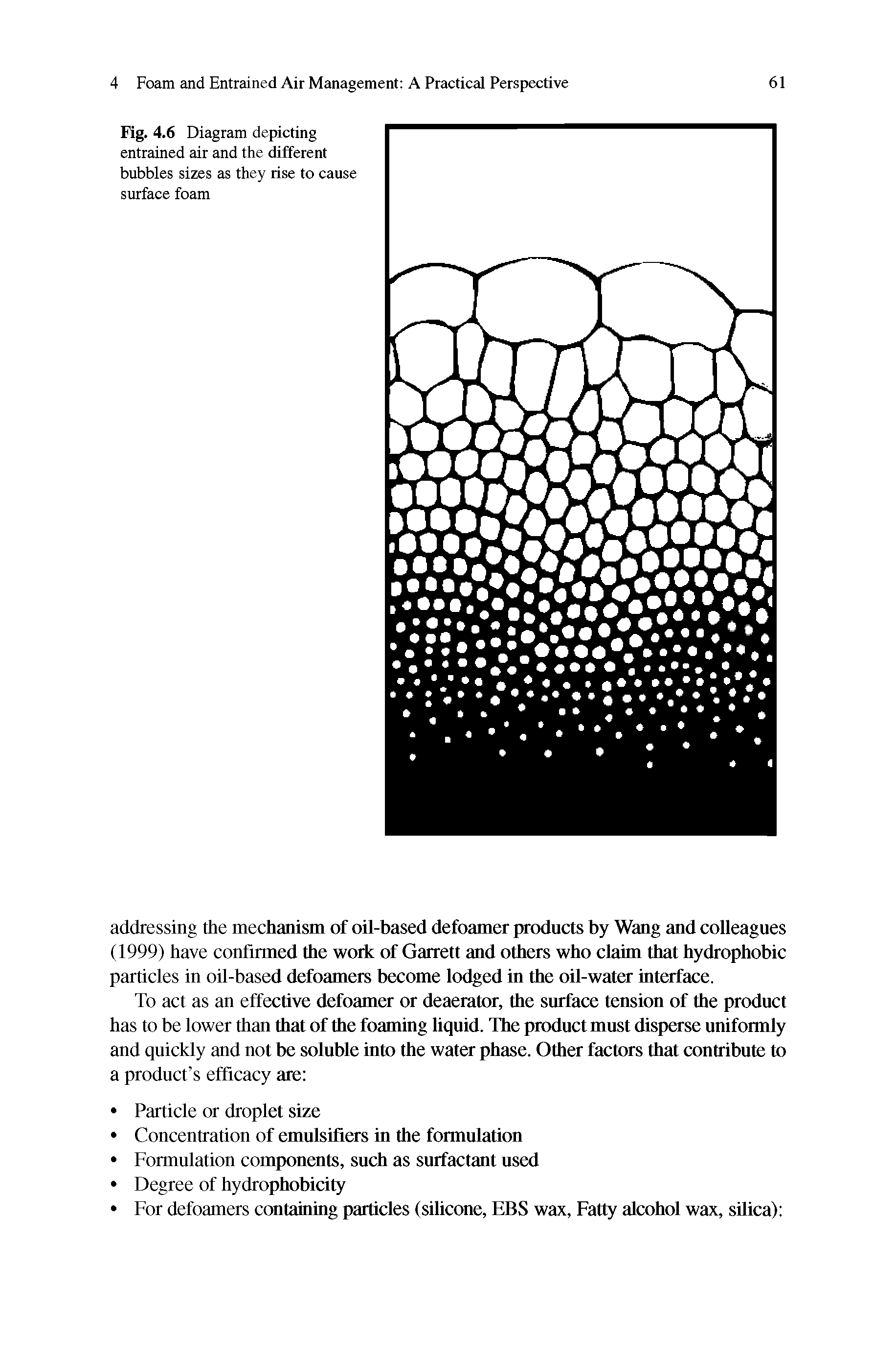 Fig. 4.6 Diagram depicting entrained air and the different bubbles sizes as they rise to cause surface foam...