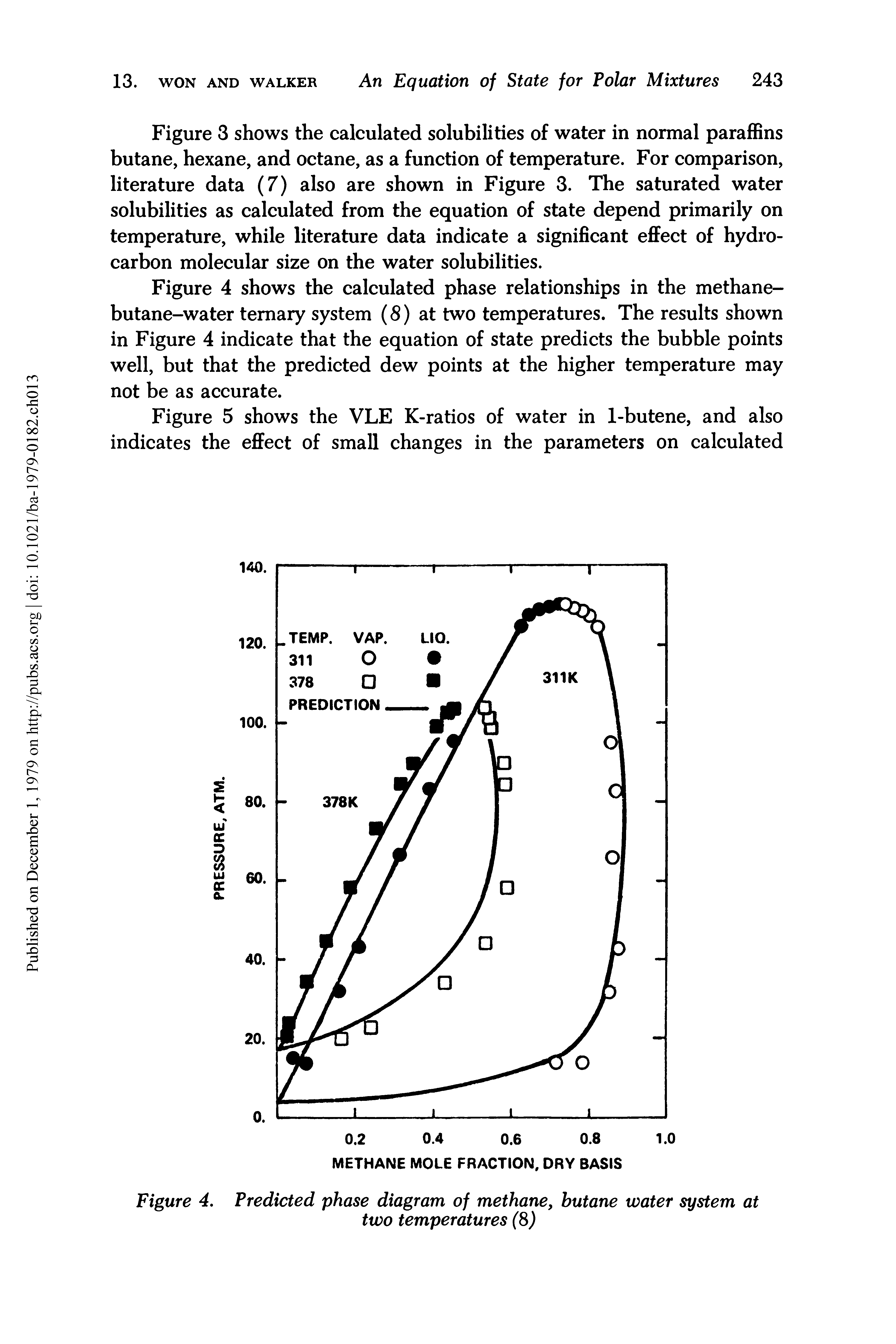 Figure 3 shows the calculated solubilities of water in normal paraffins butane, hexane, and octane, as a function of temperature. For comparison, literature data (7) also are shown in Figure 3. The saturated water solubilities as calculated from the equation of state depend primarily on temperature, while literature data indicate a significant effect of hydrocarbon molecular size on the water solubilities.