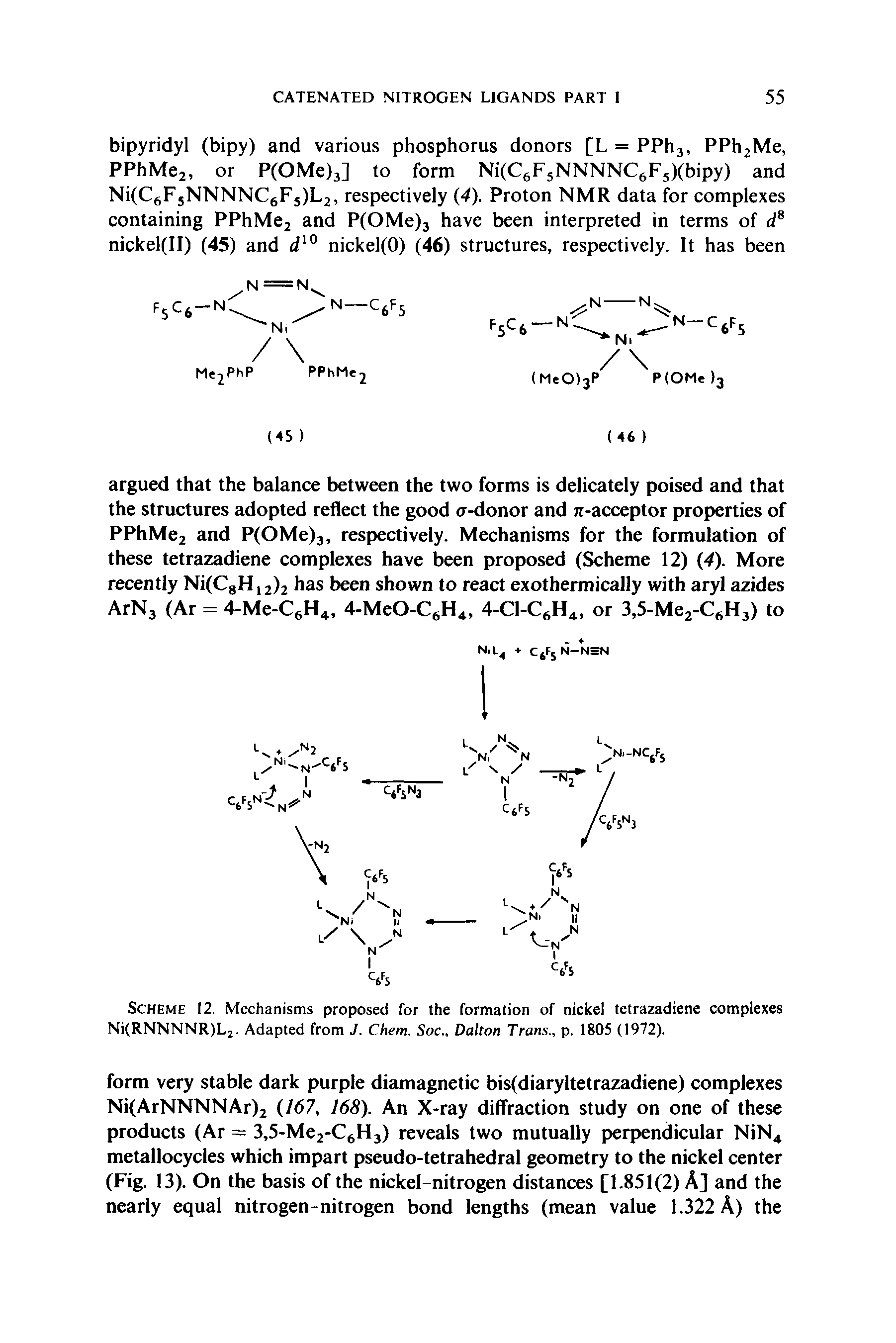 Scheme 12. Mechanisms proposed for the formation of nickel tetrazadiene complexes Ni(RNNNNR)L2- Adapted from J. Chetn. Soc., Dalton Trans., p. 1805 (1972).