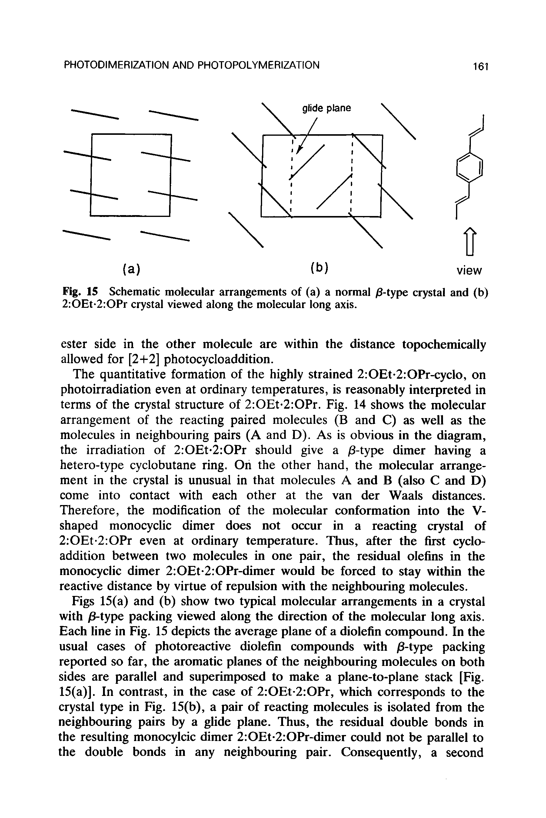 Fig. 15 Schematic molecular arrangements of (a) a normal /8-type crystal and (b) 2 OEt-2 OPr crystal viewed along the molecular long axis.