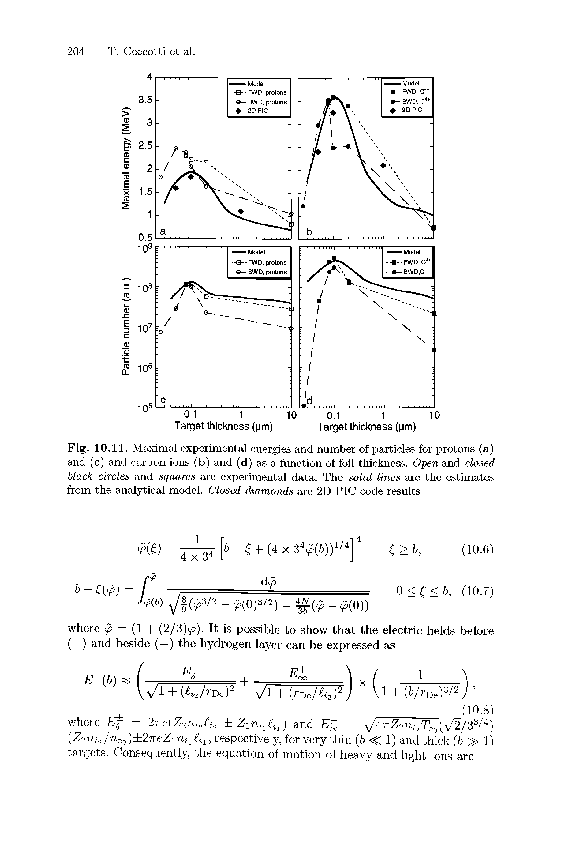Fig. 10.11. Maximal experimental energies and number of particles for protons (a) and (c) and carbon ions (b) and (d) as a function of foil thickness. Open and closed black circles and squares are experimental data. The solid lines are the estimates from the analytical model. Closed diamonds are 2D PIC code results...