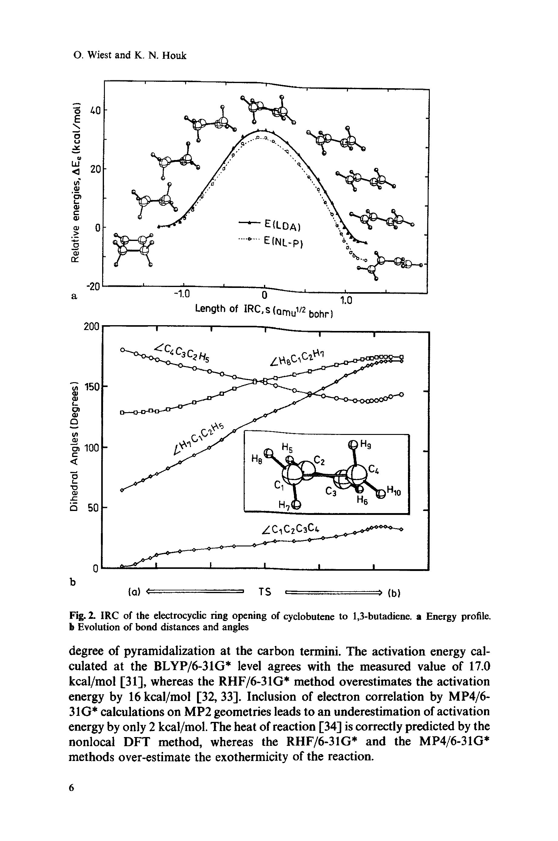 Fig. 2. IRC of the electrocyclic ring opening of cyclobutene to 1,3-butadiene, a Energy profile, h Evolution of bond distances and angles...