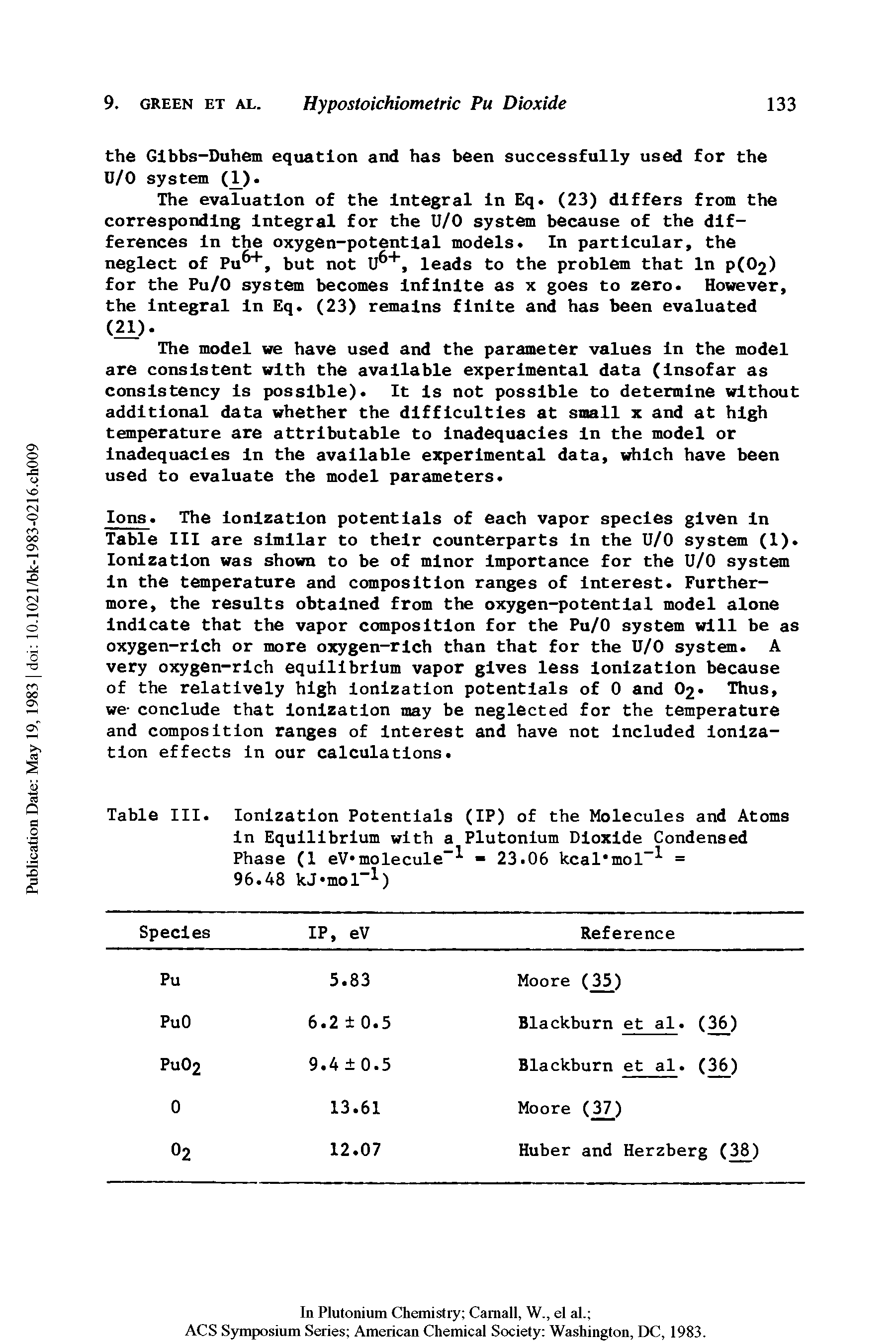 Table III. Ionization Potentials (IP) of the Molecules and Atoms In Equilibrium with a Plutonium Dioxide Condensed Phase (1 eV molecule- - - 23.06 kcal mol- =...