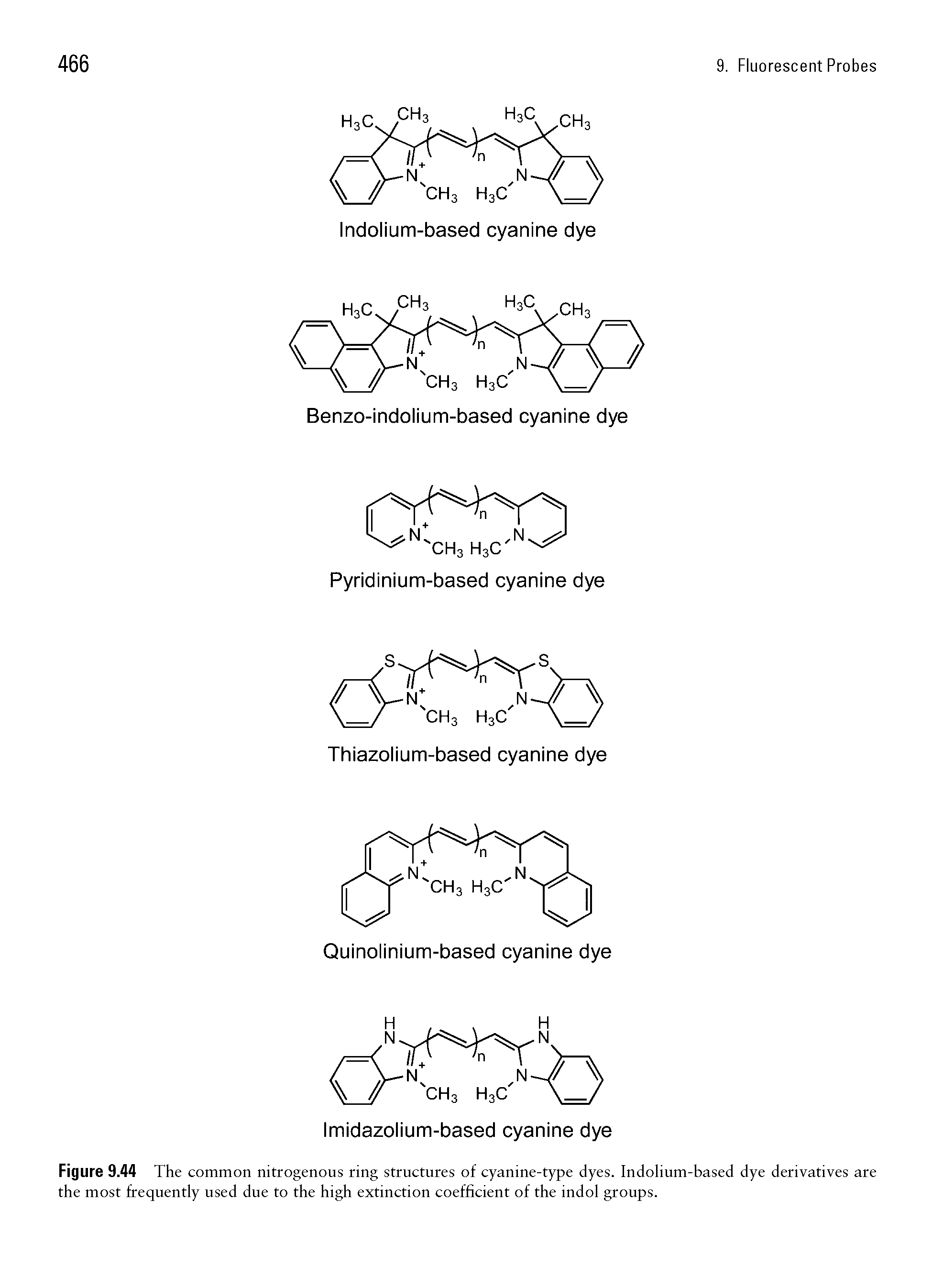 Figure 9.44 The common nitrogenous ring structures of cyanine-type dyes. Indolium-based dye derivatives are the most frequently used due to the high extinction coefficient of the indol groups.