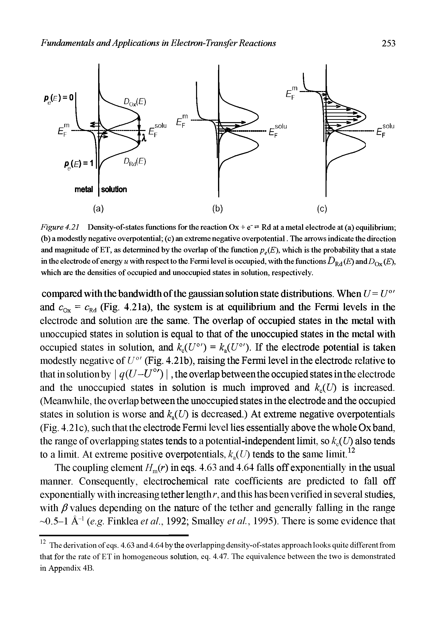 Figure 4.21 Density-of-states functions fortiie reaction Ox + e" Rd at a metal electrode at (a) equilibrium (b) a modestly negative overpotential (c) an extreme negative overpotential. The arrows indicate die direction and magnitude of ET, as determined by the overlap of the function p E which is the probability that a state in die elecd ode of energy u widi respect to die Fermi level is occupied, with the functions (E) andDo ( ),...