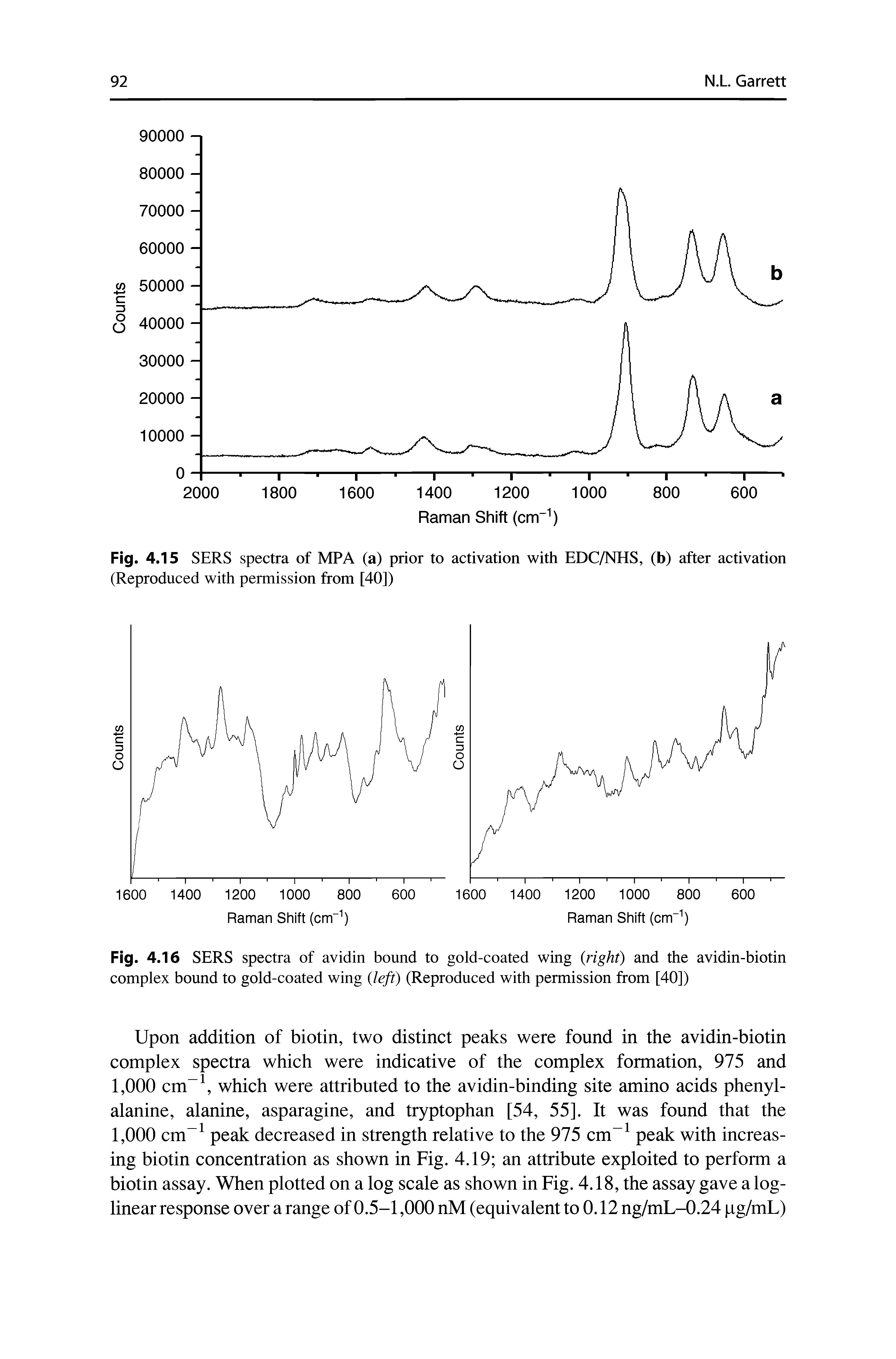 Fig. 4.16 SERS spectra of avidin bound to gold-coated wing right) and the avidin-biotin complex bound to gold-coated wing left) (Reproduced with permission from [40])...