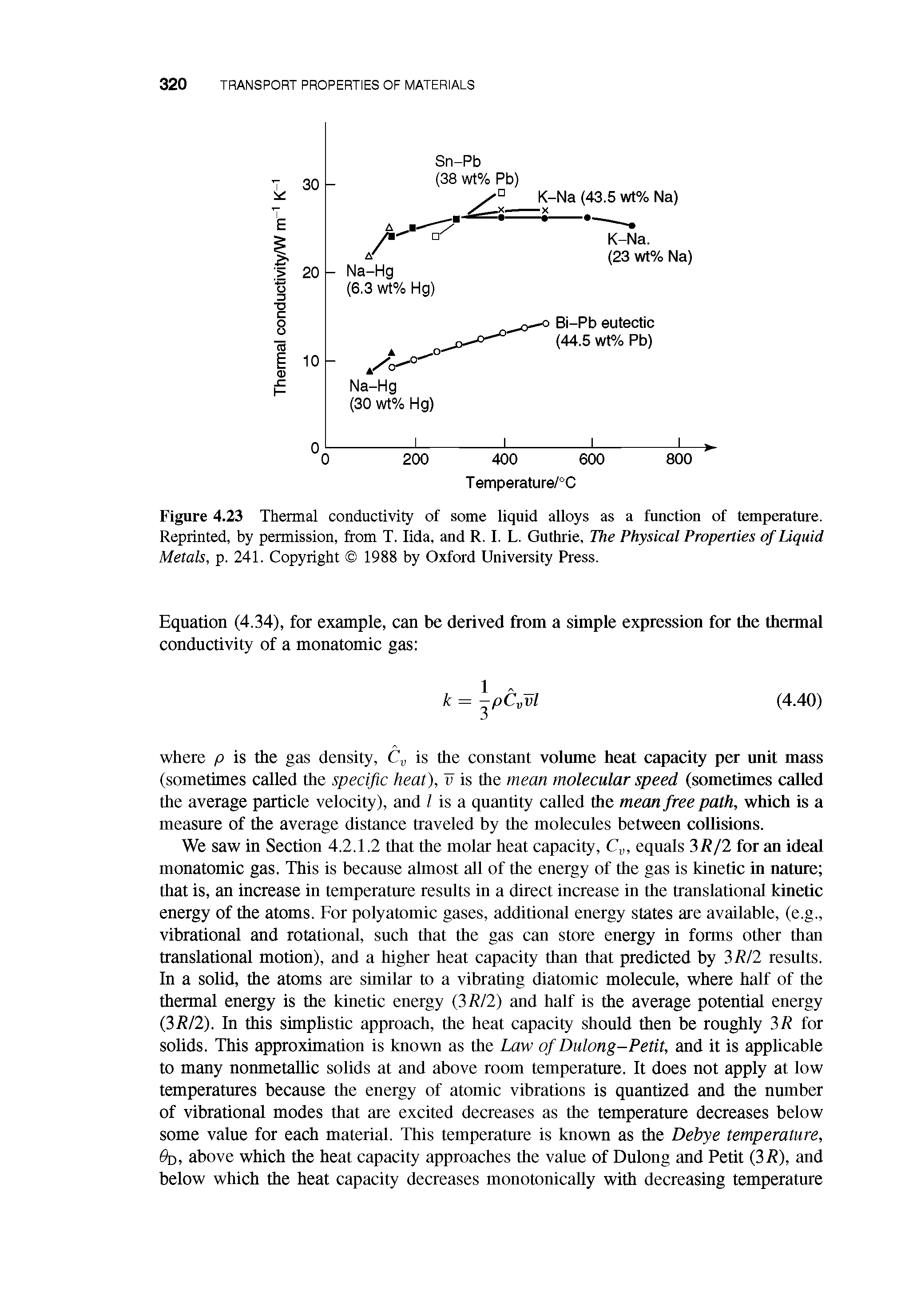 Figure 4.23 Thermal conductivity of some liquid alloys as a function of temperature. Reprinted, by permission, from T. lida, and R. I. L. Guthrie, The Physical Properties of Liquid Metals, p. 241. Copyright 1988 by Oxford University Press.