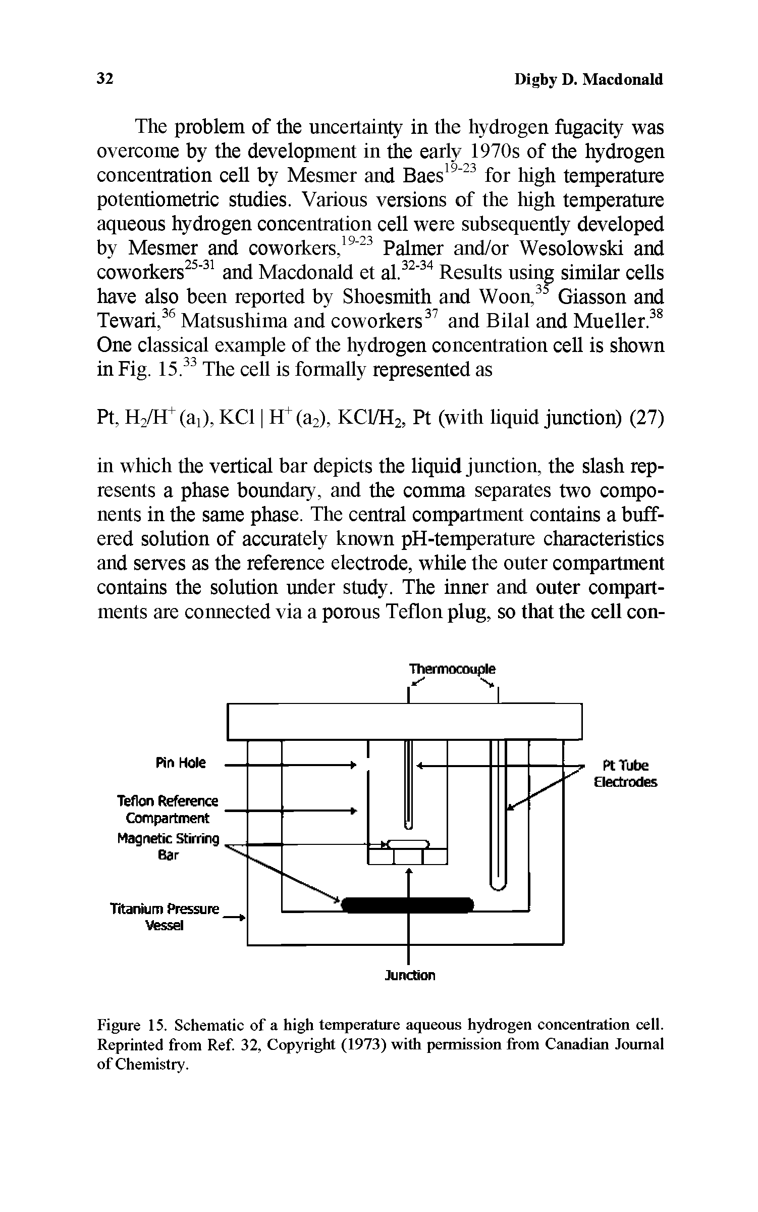 Figure 15. Schematic of a high temperature aqueous hydrogen concentration cell. Reprinted from Ref. 32, Copyright (1973) with permission from Canadian Journal of Chemistry.