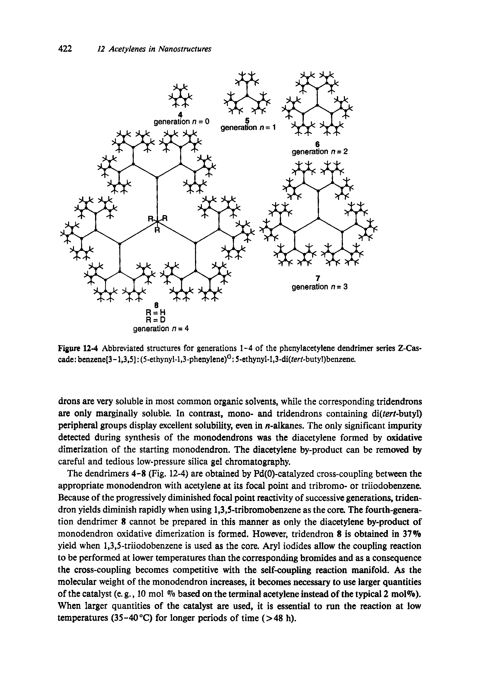 Figure 12-4 Abbreviated structures for generations 1-4 of the phenylacetylene dendrimer series Z-Cas-cade benzene[3 -1,3.5] (5-ethynyl-l,3-phenylene)° 5-ethynyl-l,3-di(terr-butyl)benzene.