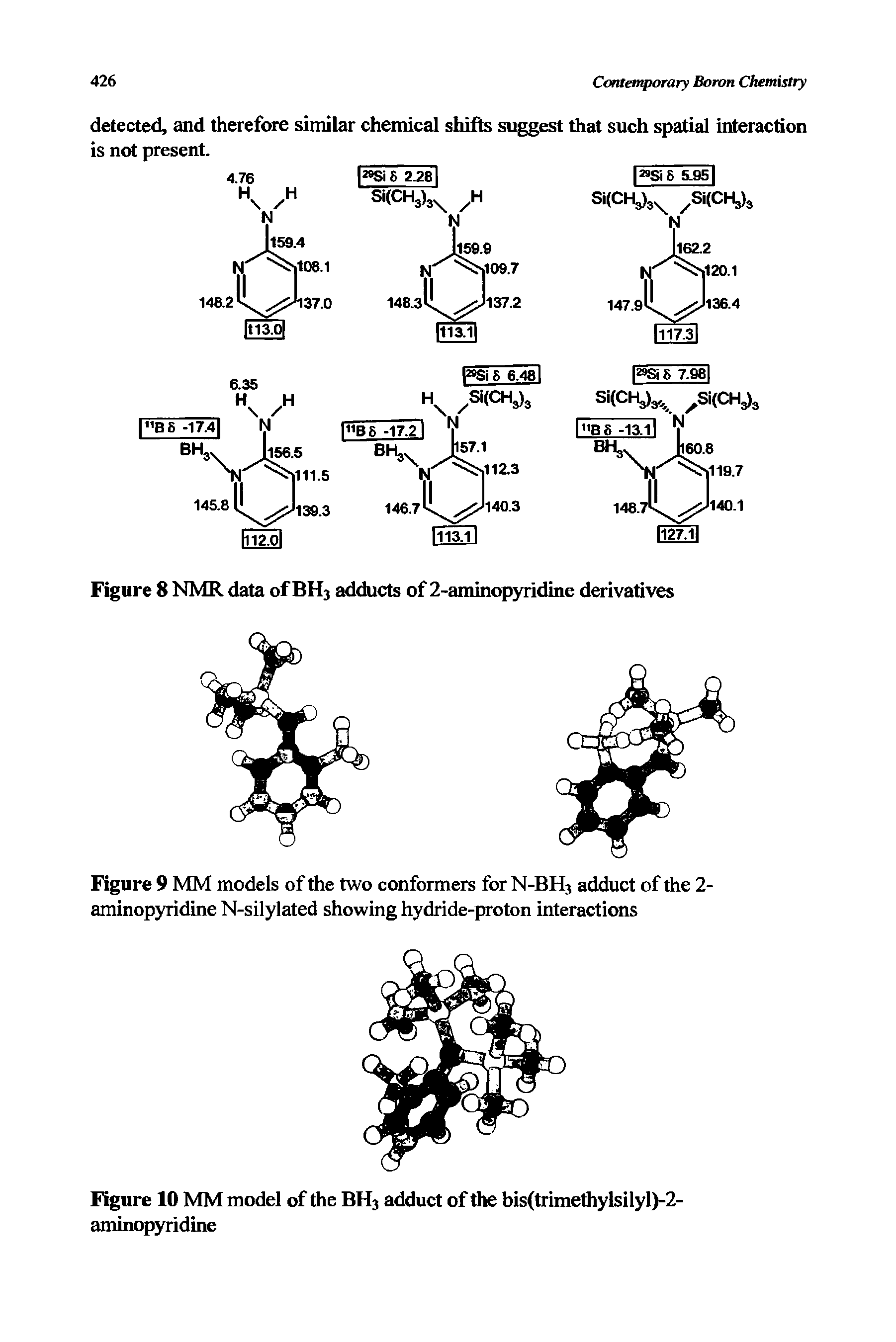 Figure 9 MM models of the two conformers for N-BH3 adduct of the 2-aminopyridine N-silylated showing hydride-proton interactions...