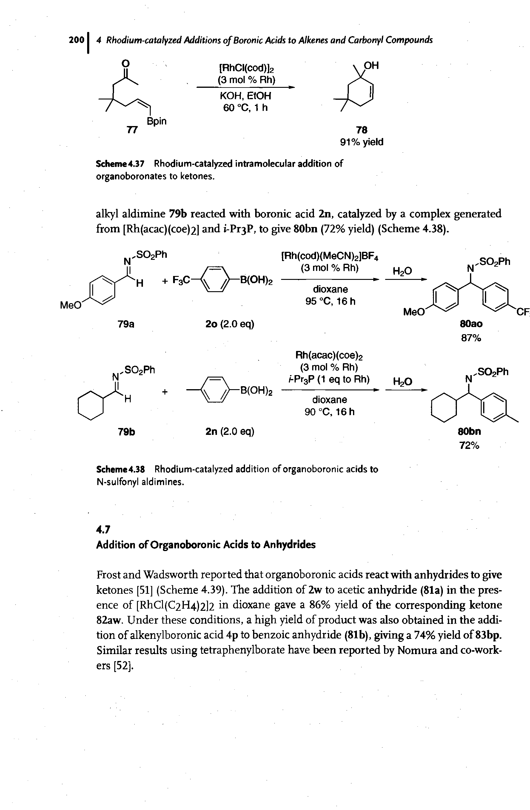 Scheme4.38 Rhodium-catalyzed addition of organoboronic acids to N-sulfonyl aldimines.