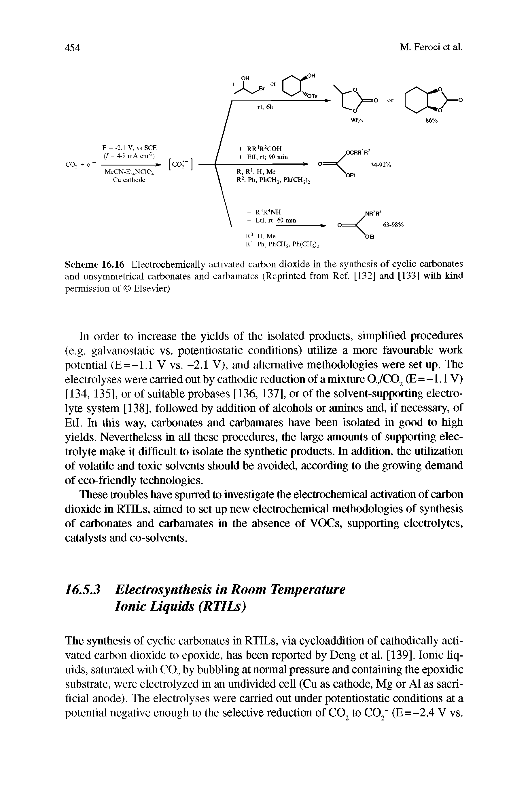 Scheme 16.16 Electrochemically activated carbon dioxide in the synthesis of cyclic carbonates and unsymmetiical carbonates and carbamates (Reprinted from Ref. [132] and [133] with kind permission of Elsevier)...