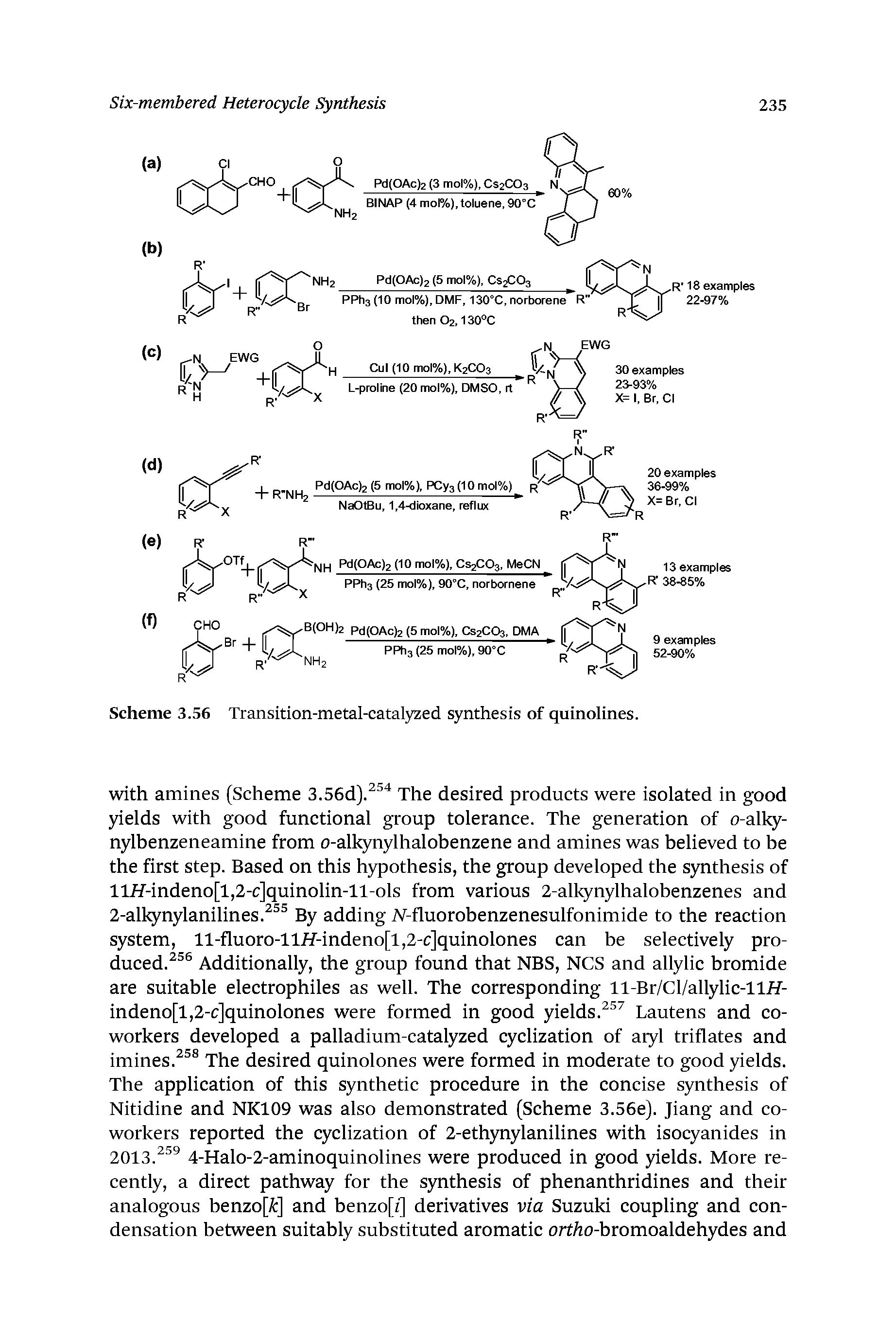 Scheme 3.56 Transition-metal-catalyzed synthesis of quinolines.