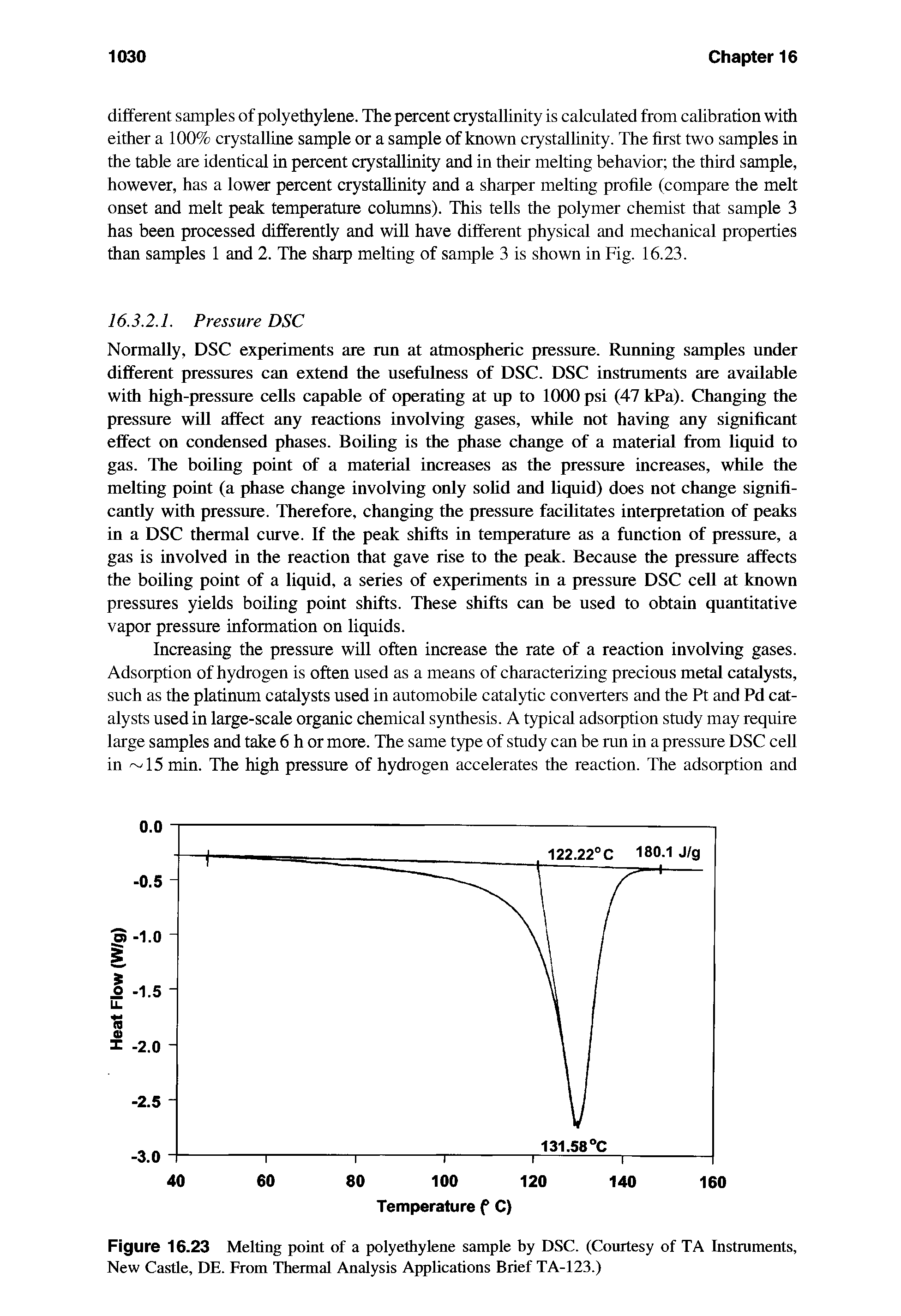 Figure 16.23 Melting point of a polyethylene sample by DSC. (Courtesy of TA Instruments, New Castle, DE. From Thermal Analysis Applications Brief TA-123.)...
