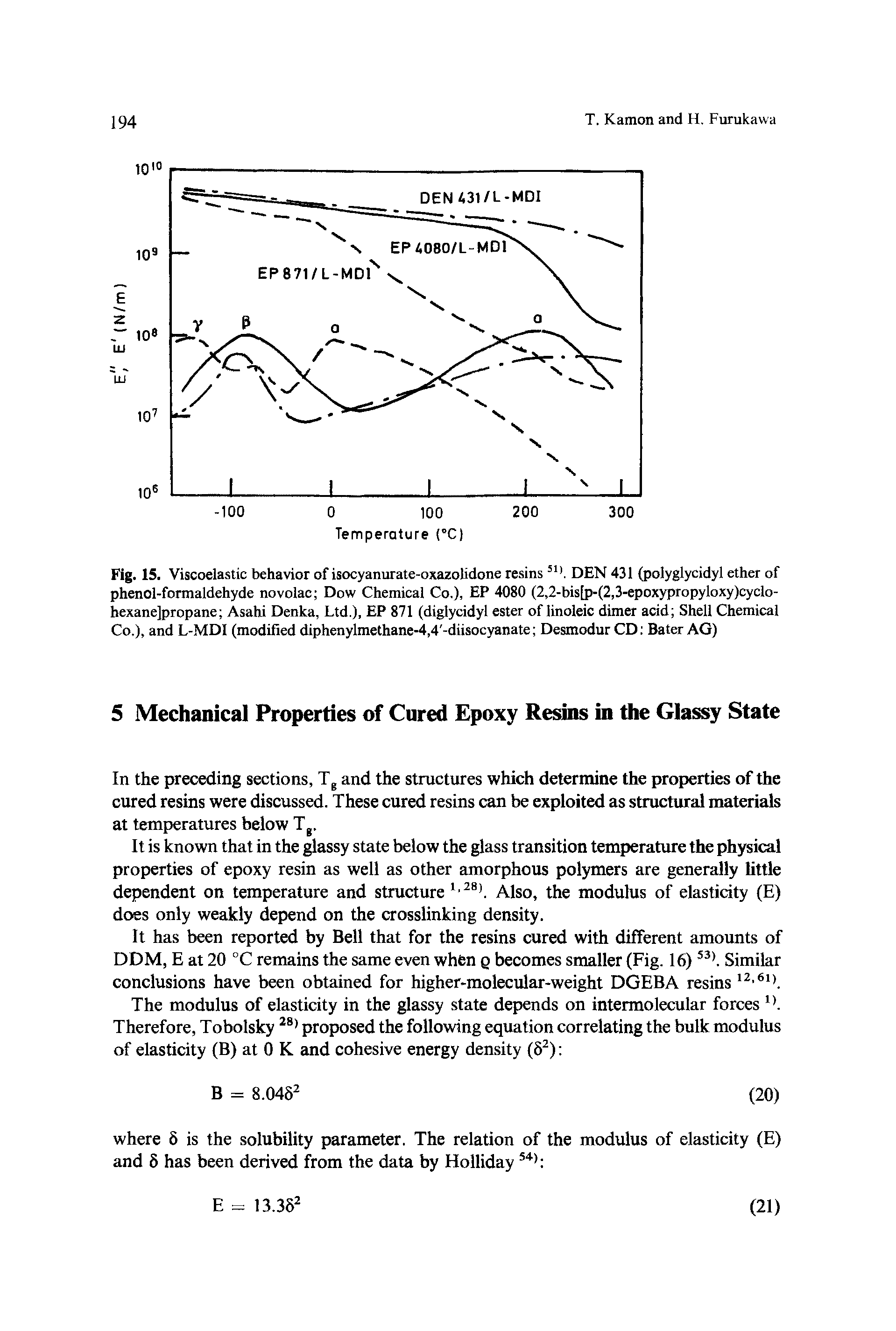 Fig. 15. Viscoelastic behavior of isocyanurate-oxazoiidone resins51). DEN 431 (polyglycidyl ether of phenol-formaldehyde novolac Dow Chemical Co.), EP 4080 (2,2-bis[p-(2,3-epoxypropyloxy)cyclo-hexane]propane Asahi Denka, Ltd.), EP 871 (diglycidyl ester of linoleic dimer acid Shell Chemical Co.), and L-MDI (modified diphenylmethane-4,4 -diisocyanate Desmodur CD Bater AG)...