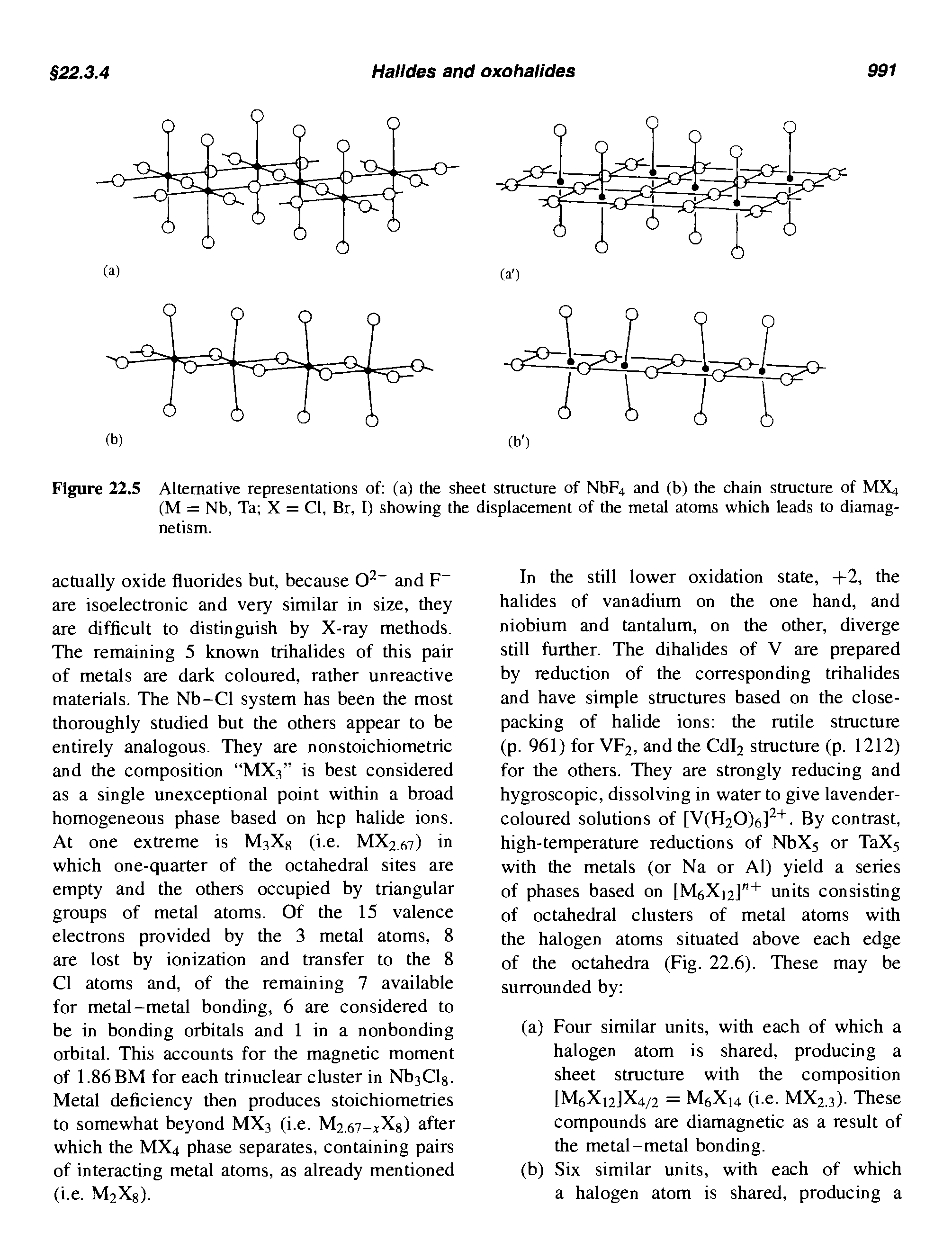 Figure 22.5 Alternative representations of (a) the sheet structure of NbF4 and (b) the chain structure of MX4 (M = Nb, Ta X = Cl, Br, I) showing the displacement of the metal atoms which leads to diamagnetism.